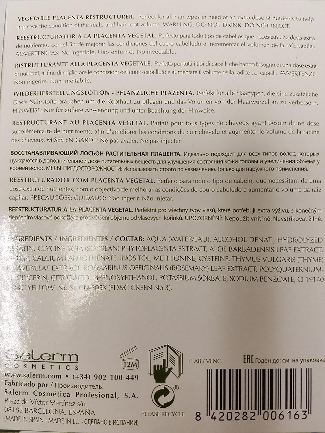 Salerm Vegetable Placenta Restructurer, 4 x .44 oz vials
