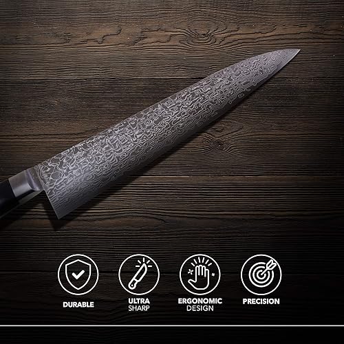 Miniatura 6 de Kagayaki - Cuchillo de chef japonés, KGRP-1 profesional, acero inoxidable de damasco pulido con patrón y mango ergonómico de madera de Pakka negra,