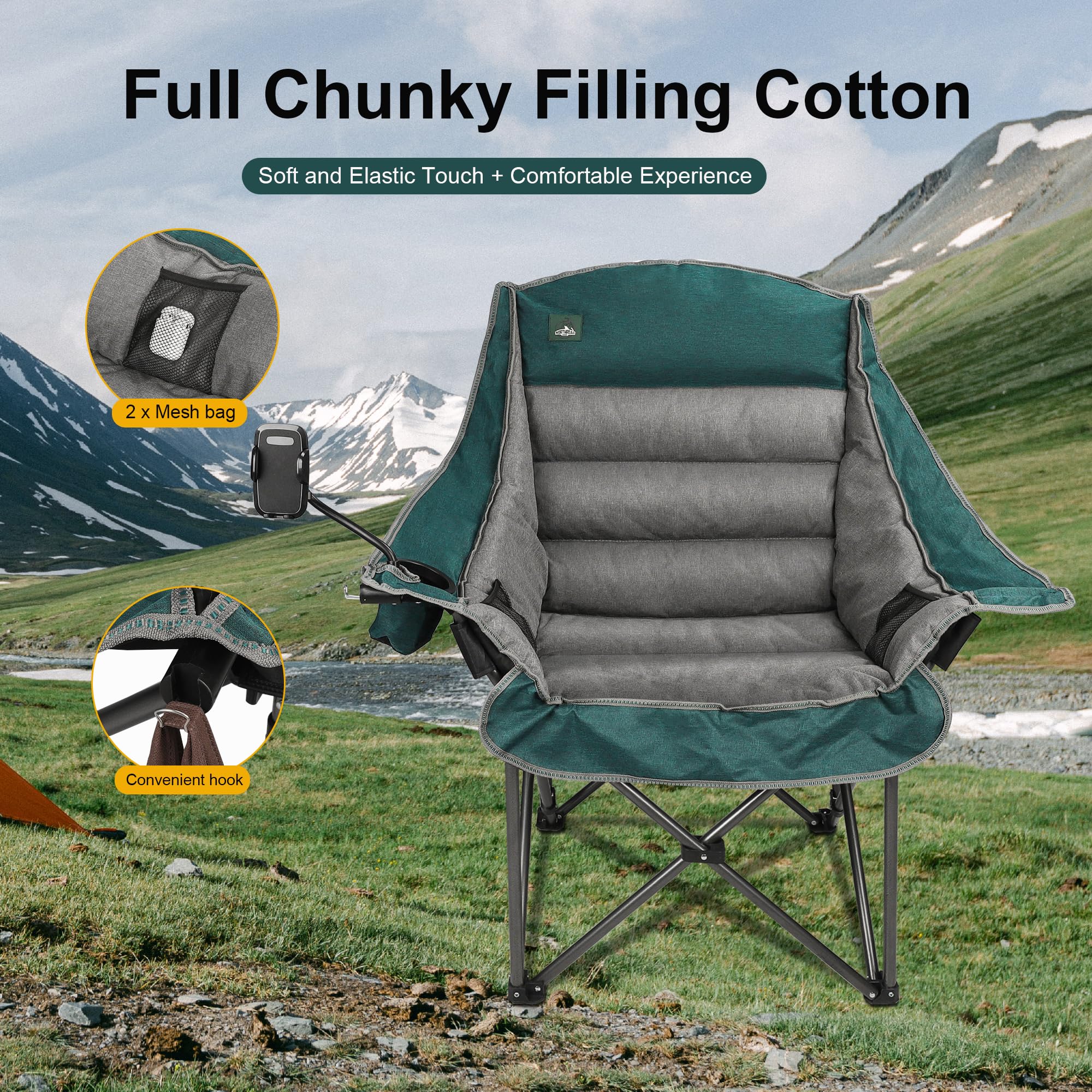 Northroad Übergrößer XL Gepolsterter Campingstuhl mit Handyhalter, Großer Campingstuhl, Klappbarer Gartenstuhl mit Becherhalter, Tragetasche für Outdoor, Strand, Picknicks, Robuste 180kg