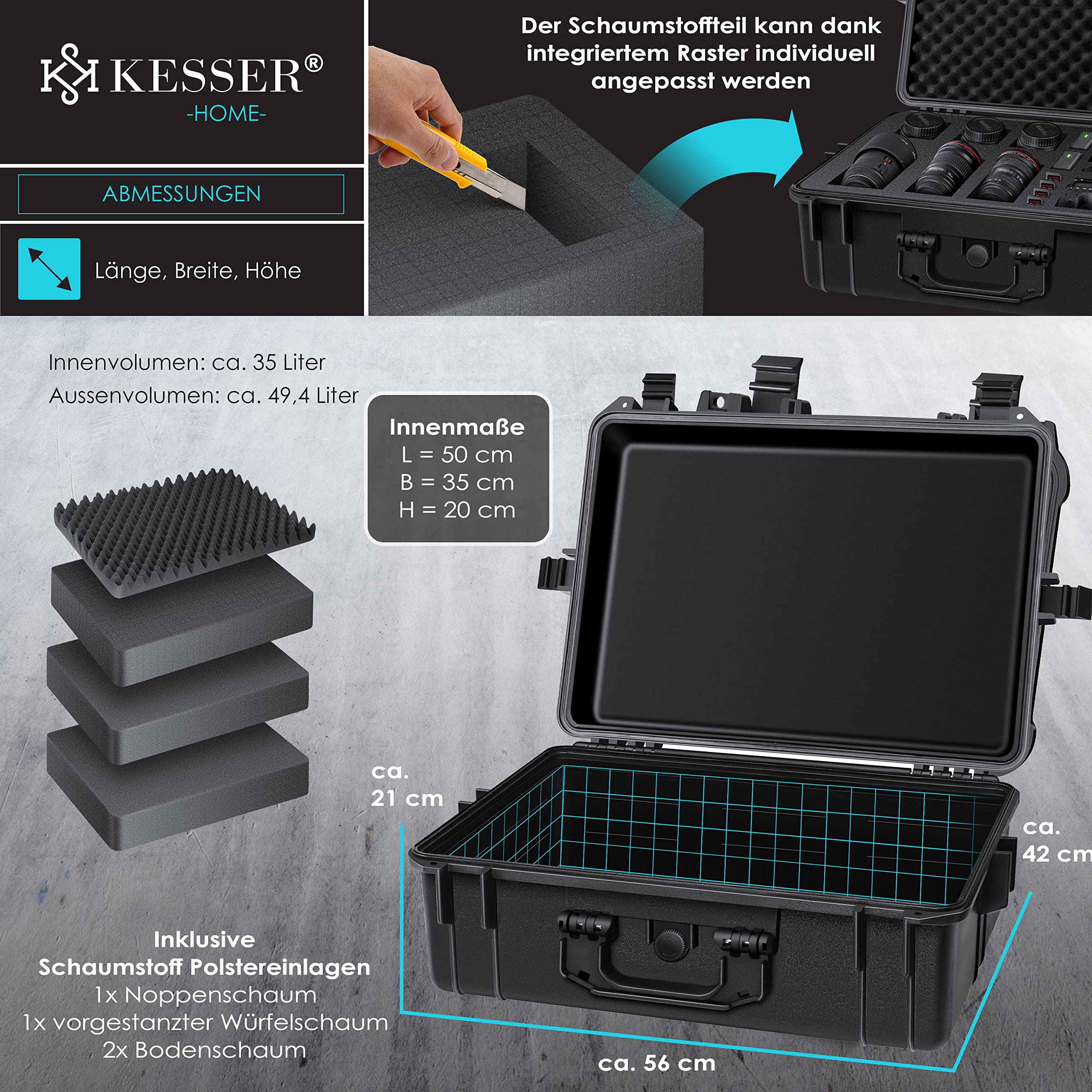 KESSER® Valise pour Appareil Photo Mallette de Transport Mallette de Protection caméra Mousse, L