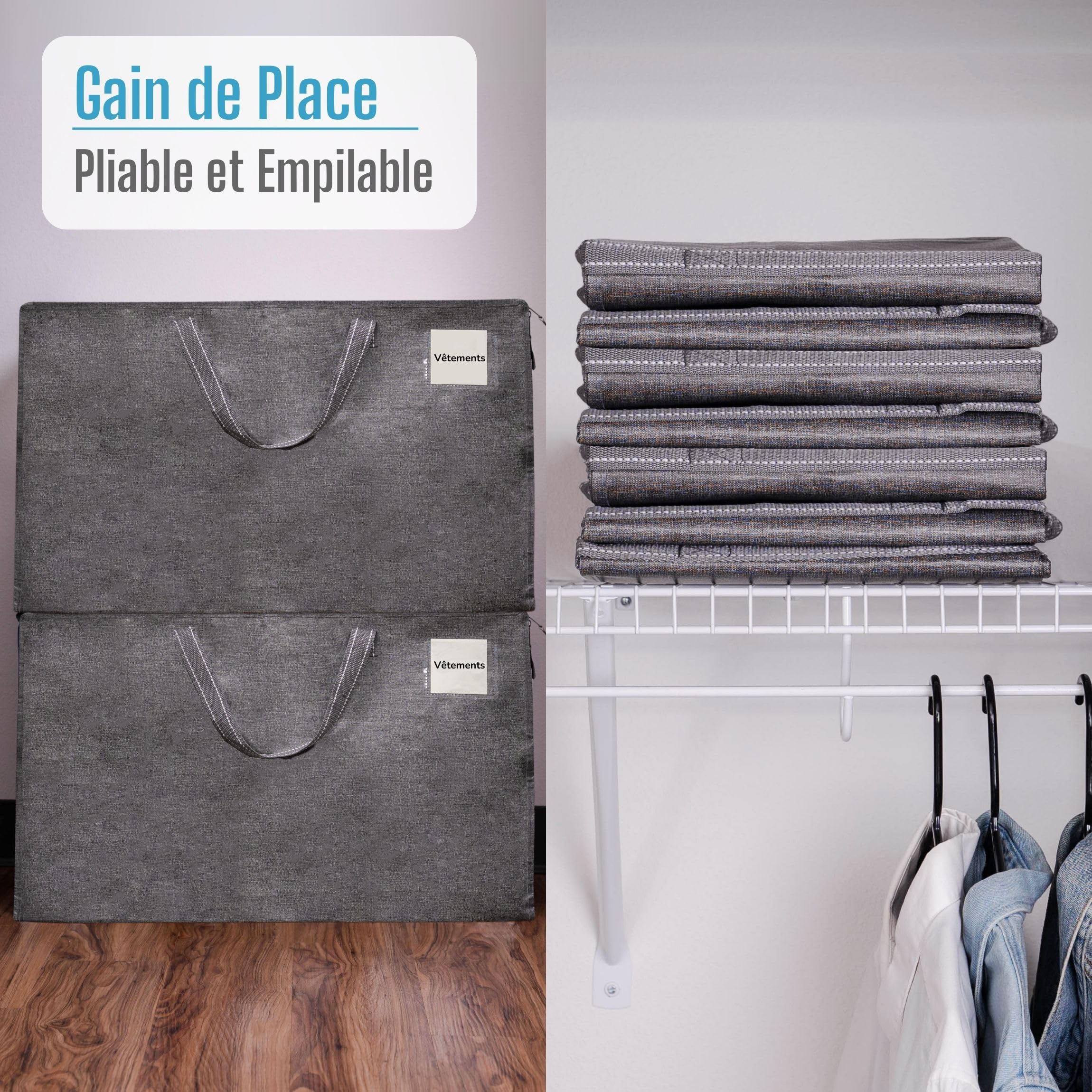 VENO Lot de 4 Grands Sac de Rangement avec Couvercle et Poignées Renforcées, Cartons Déménagement de 102 L Résistant pour Rangement des Vêtements et voyages, Sac à Linge (Gris, Lot De 4)