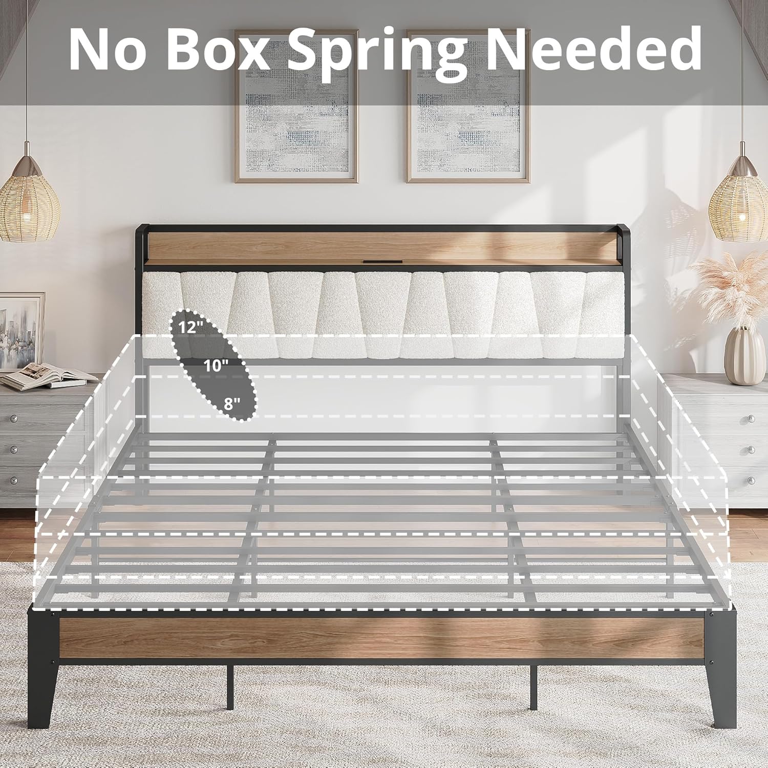 LIKIMIO California King Bed Frames, Storage Headboard with Charging Station, Solid and Stable, Noise Free, No Box Spring Needed, Easy Assembly, Wood and Cream
