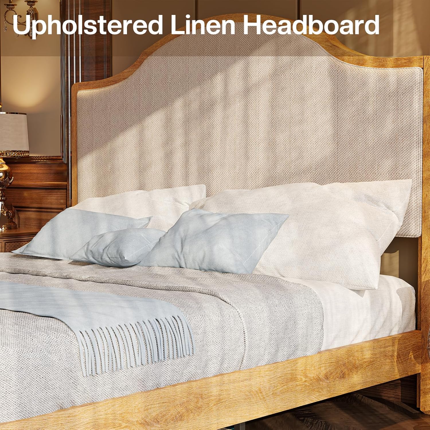 Jocisland Queen Size Wooden Platform Bed Frame with Upholstered Headboard Solid Wood Bed, No Box Spring Needed, Walnut