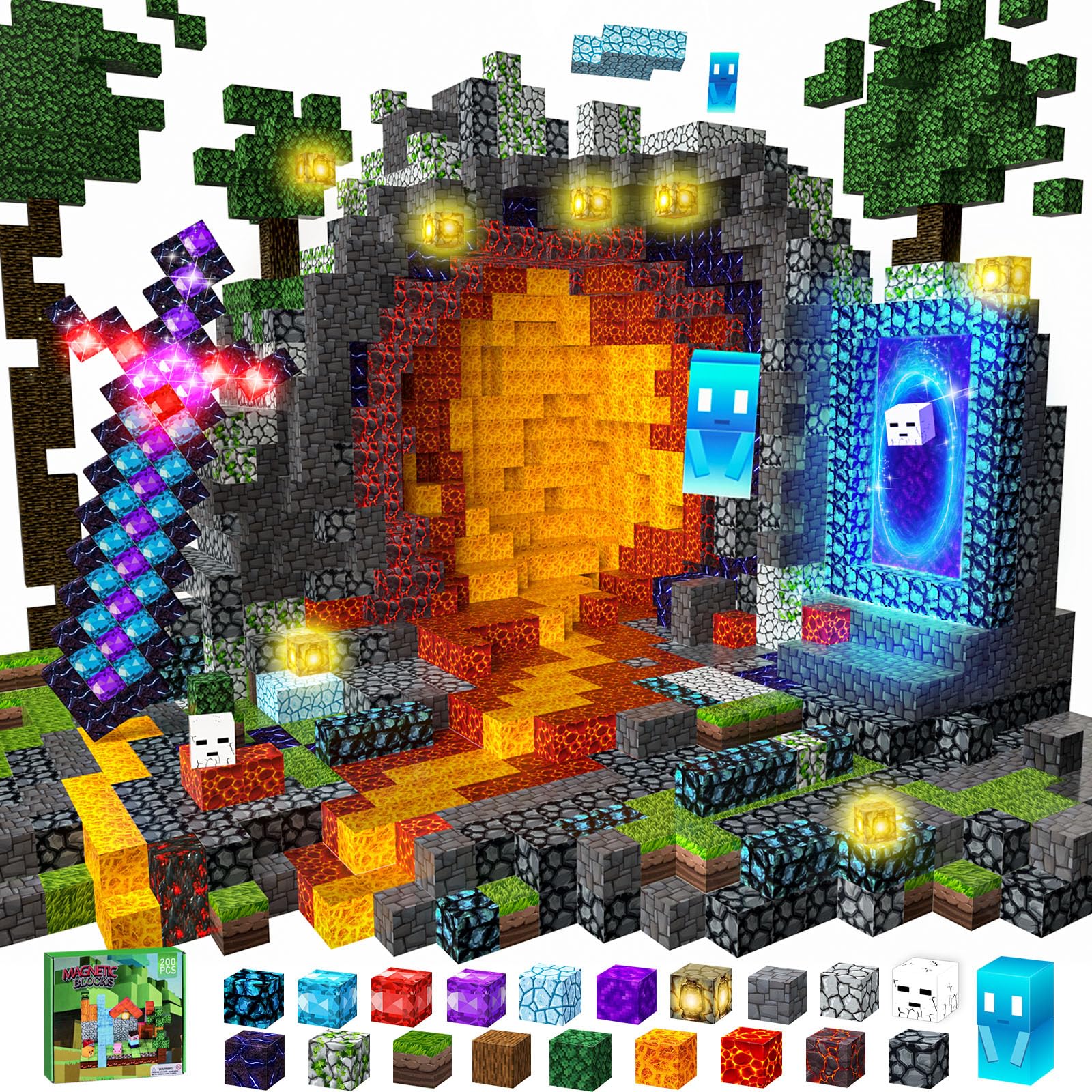 YOOHBERRYS Costruzioni Magnetiche per Bambini 200 PCS 2CM, Giochi Cubi Magnetici Luminose con LED, Blocchi Magnetici Building Blocks Giocattoli Montessori per Bambini 3 4 5 6 7 8 9 Anni (Spada)