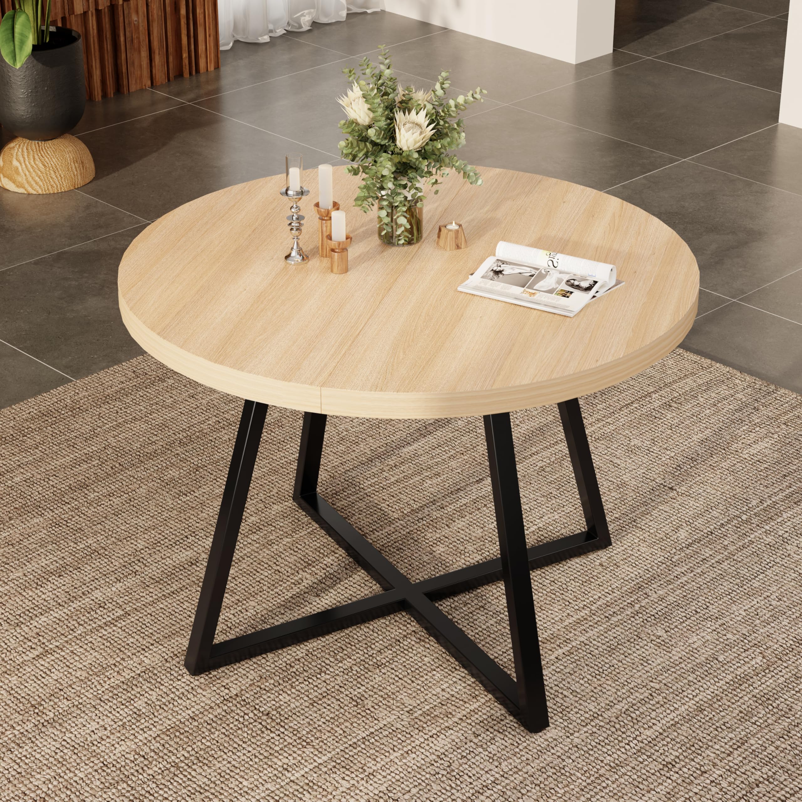 Okrągły wysuwany stół do jadalni 100/140 x 100 cm dla 4-6 osób, blat stołu MDF o grubości 3 cm ze stabilnymi metalowymi nogami, zajmuje mało miejsca do jadalni, kuchni, salonu (wygląd dębu)
