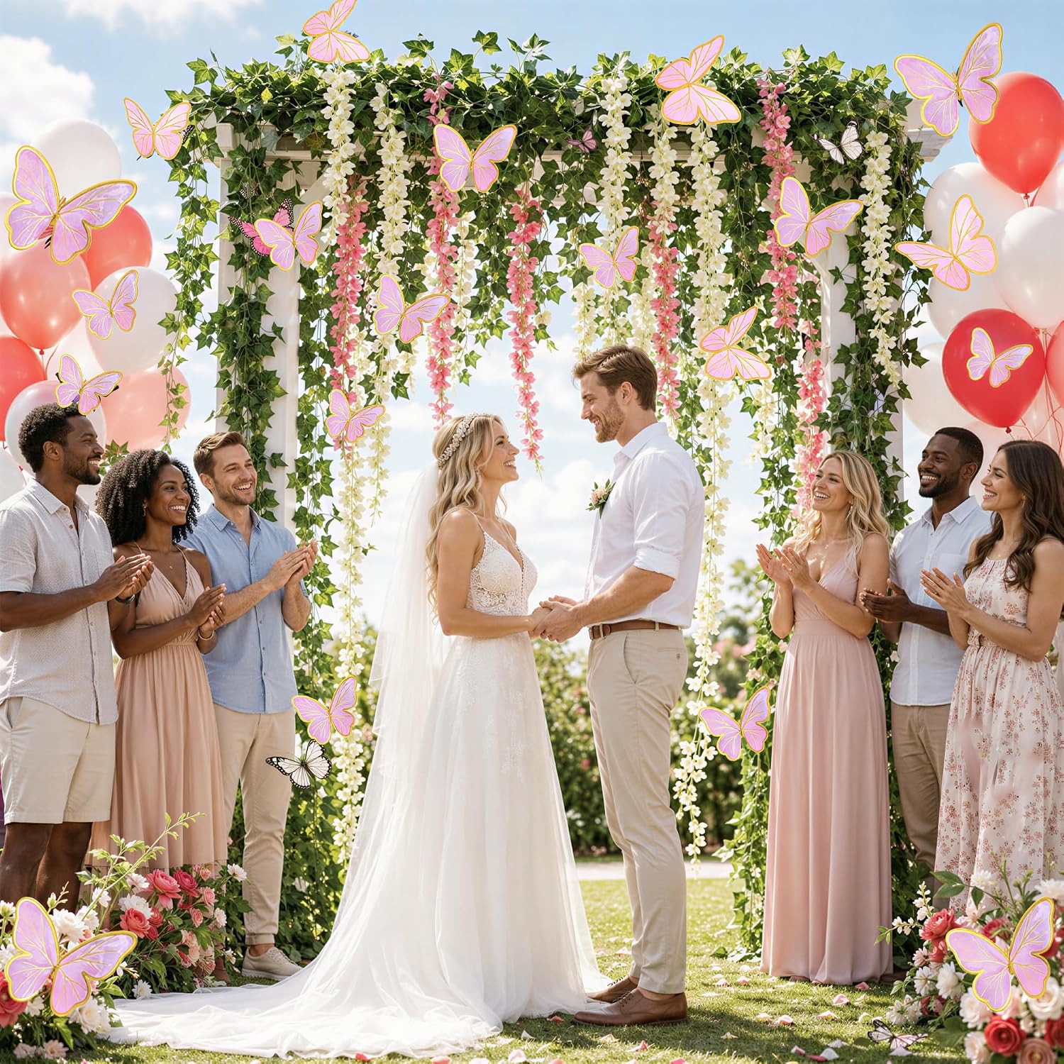 Vexillum 76 Pcs Fairy Garden Party Decorations Set, Hanging Artificial Wisteria Flower Garland, Ivy Vines, Butterfly Decor, Invitation Card, Reusable Decor for Birthday, Wedding Party, Baby Shower
