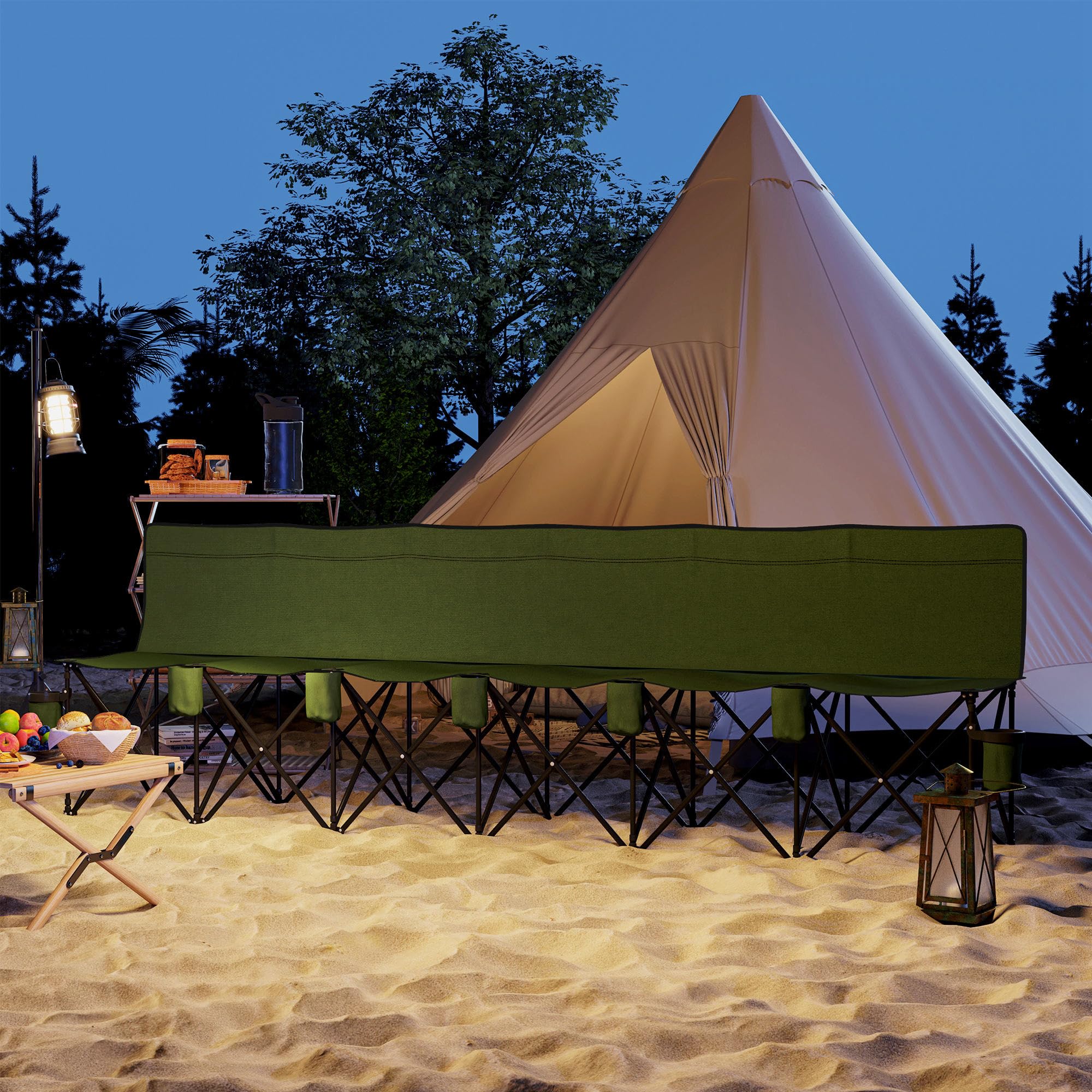 Outsunny Banc Pliant 6 Places, Porte-gobelet, Cadre métallique, Vert | Chaise de camping extérieur, chaise de spectateur de football, sac de transport