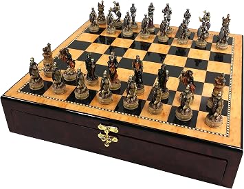 Skeleton Slayer Gothic Fantasy Skull Chess Set W/ 17 1/4" High Gloss Walnut & Birdseye Maple Color Storage Board