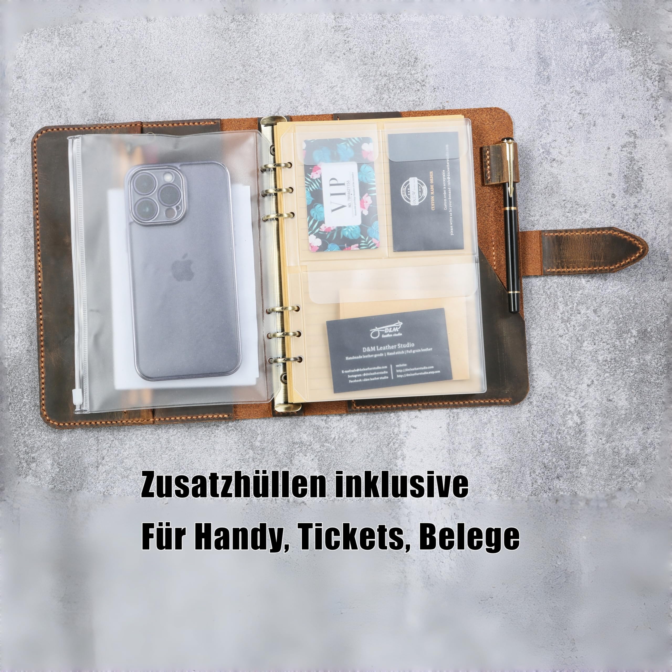 A5 Ringbuch-Notizbuch aus Vollnarben-Rindsleder, nachfüllbares Leder Tagebuch mit 6-Ring-Mechanik, YKK-Reißverschluss, Zusatzhüllen & Messing-Druckknopf, Retro Look Schreibmappe/Business Organizer