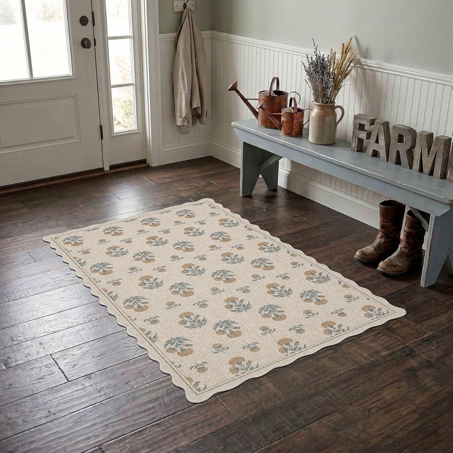 ORTIGIA Scalloped Easy Jute 3x5 Area Rug Vintage Yellow Floral Farmhouse Washable Rug Non-Slip Indoor Outdoor Carpet for Living Room Bedroom Kitchen Patio Entryway