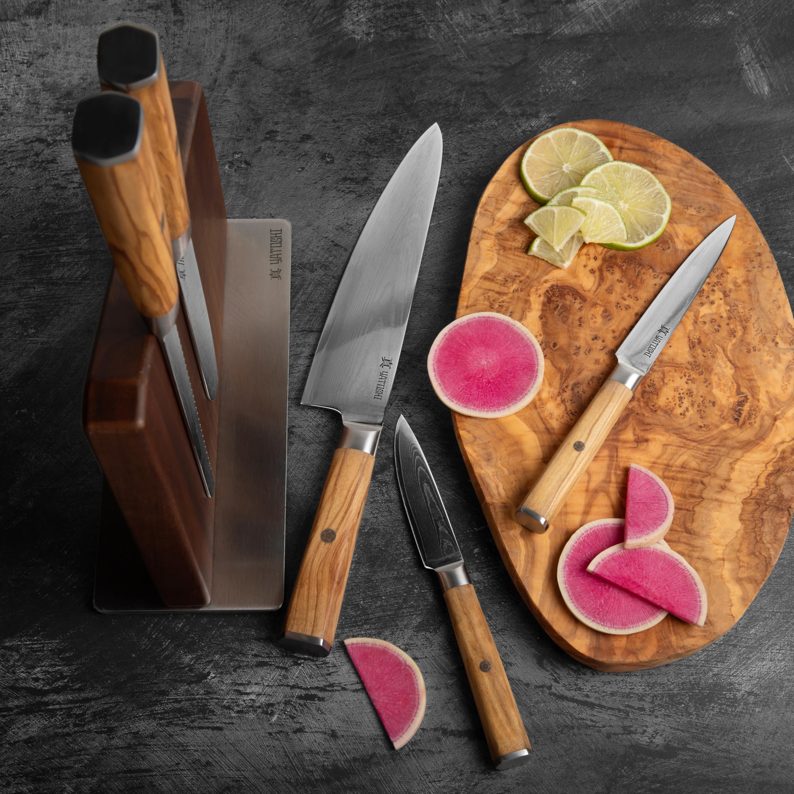 Yatoshi Knives Magnetic Kitchen Knife Block Set - Japanese 67 Layer High-Grade VG-10 Steel Knives, Sharp, Professional Kitchen Knife Set - Damascus (6 pieces), Olive Wood Handles — Amazon image 4