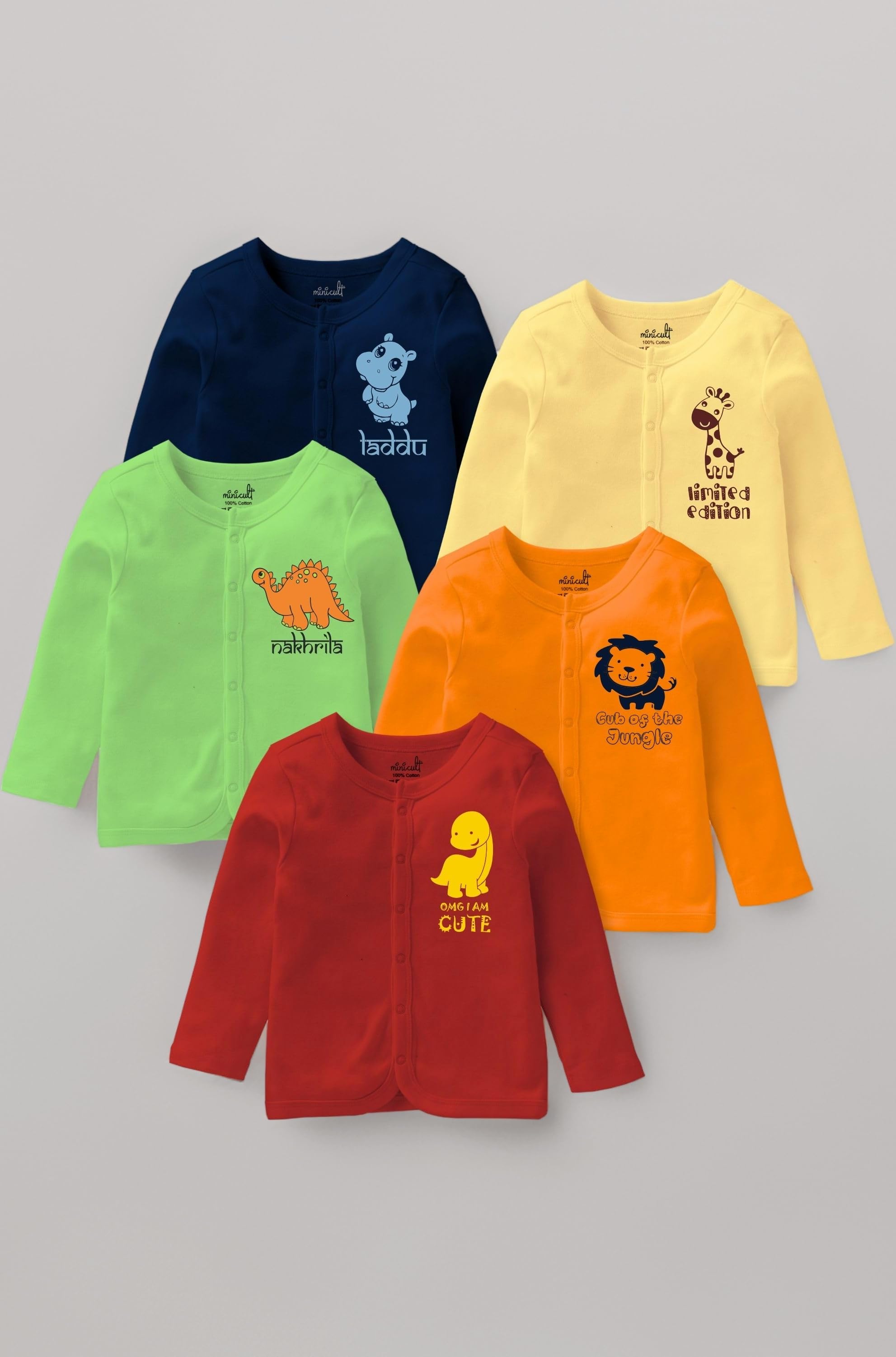 Cotton Unisex Front Open Full Sleeve T-Shirt with snap Buttons and Cute Prints Combo Pack