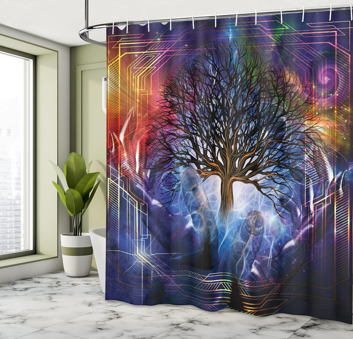 Ambesonne Nature Shower Curtain, Human Hand Grabs a Leafless Tree Vitality Modern Hippie Karma Artisan Theme, Cloth Fabric Bathroom Decor Set with Hooks, 69" W x 70" L, Blue Purple