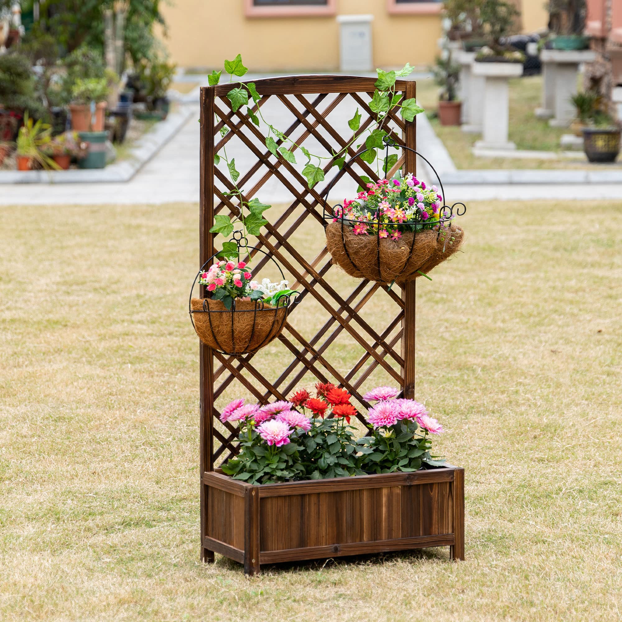 Outsunny Fioriera da Esterno in Legno, Fioriera con Grigliato per Piante Rampicanti e Aiuola Rialzata, 60x30x122.5 cm, Marrone