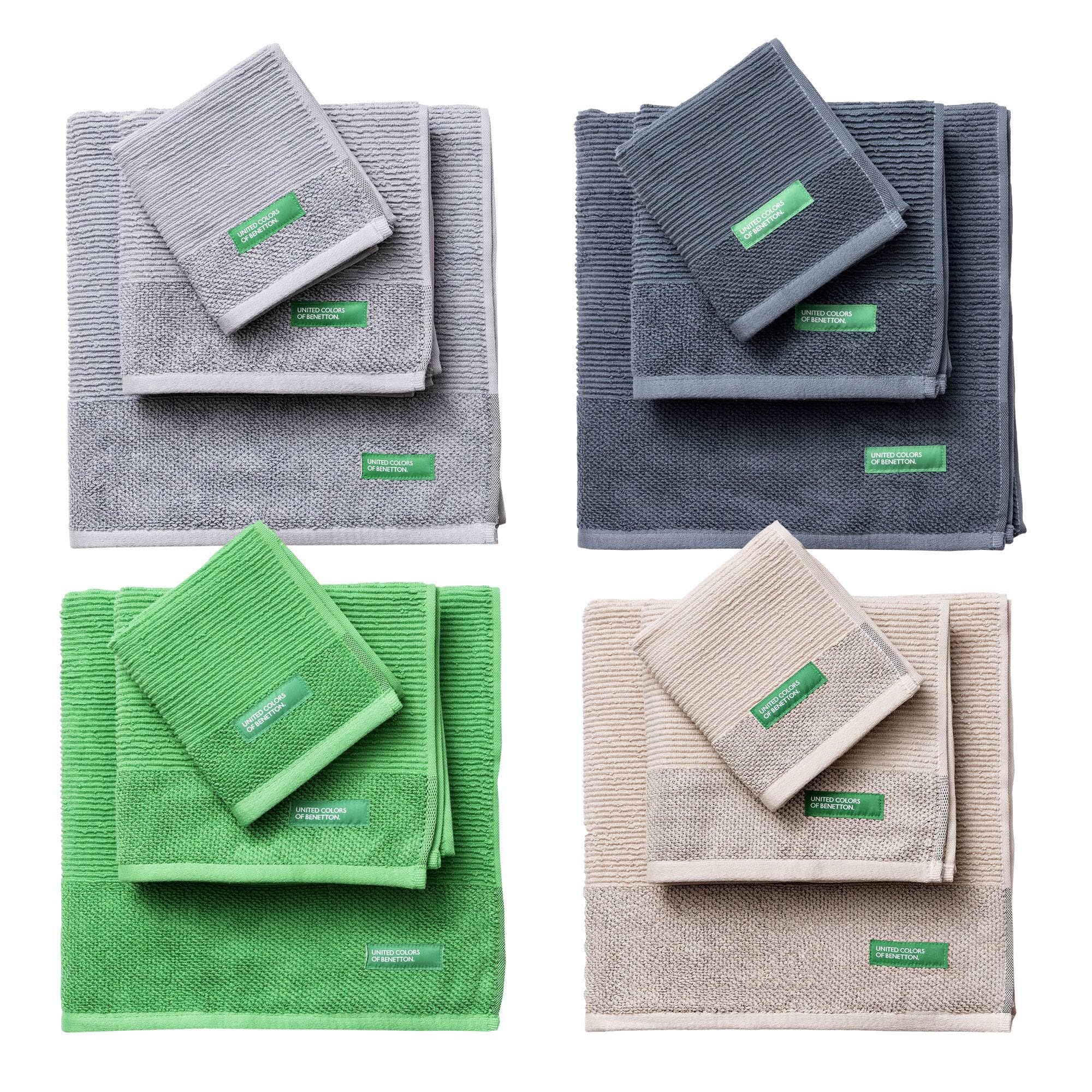 Set de 4 Juegos de 3 Toallas (4X 30x50cm + 4X 50x90cm + 4X 70x140cm) 450GSM de 100% Algodón - Beige, Amarillo, Azul y Verde Benetton