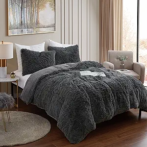 Queen Luxury Faux Fur Comforter Set - Soft & Breathable 7-Piece Bedding Collection - 1 Comforter, 1 Fitted Sheet, 1 Flat, 2 Pillowcases, 2 Pillow Shams - Deep Pocket - Premium Quality, Dark Gray