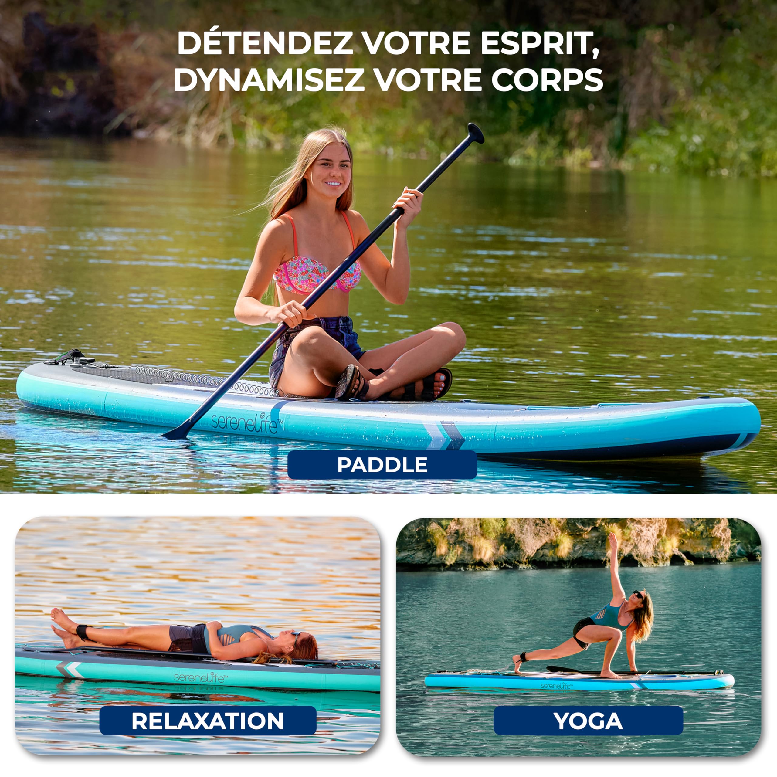 SereneLife Paddle Gonflable Adulte XL – Planche de Stand Up Paddle Stable Grande Largeur avec Tapis EVA Antidérapant, Pompe, Pagaie et Sac de Transport Inclus