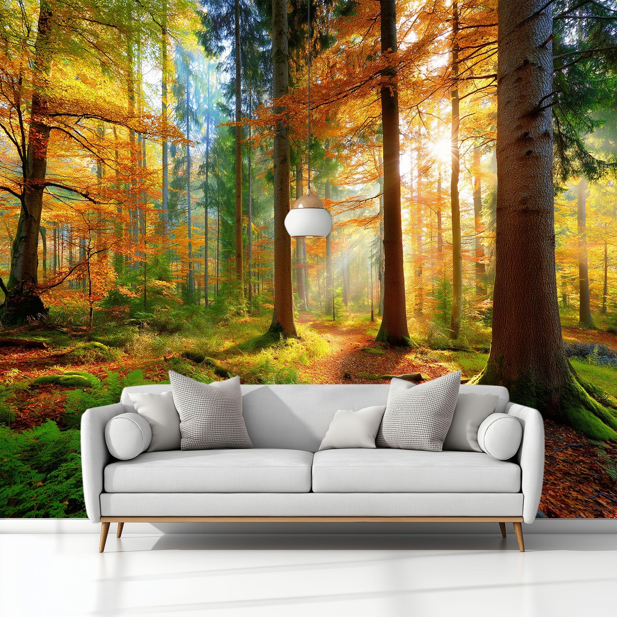 Tapeta Nordic Las Drzewa Mech Roślinność 200 x 140 cm Panoramiczny Zielony Szałwia Fototapety Dekoracja ścienna do sypialni salonu, pokoju dziecięcego, tła TV