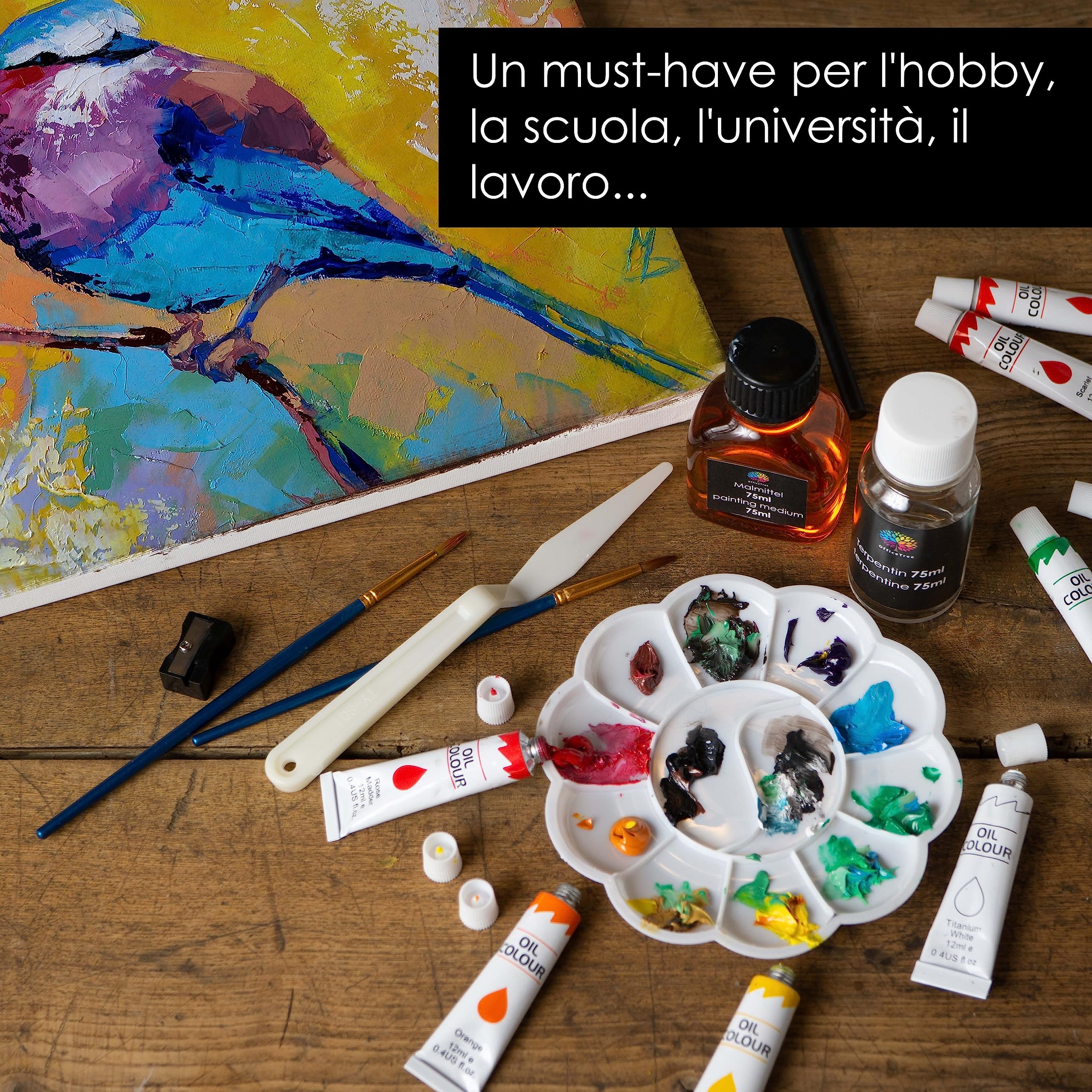 OfficeTree 24x 12 ml Kit pittura olio con pennello e tavolozza - Kit per la pittura con accessori - Colori ad olio per pittura su tela con trementina, fissante e blocco per pittura - Set dipingere
