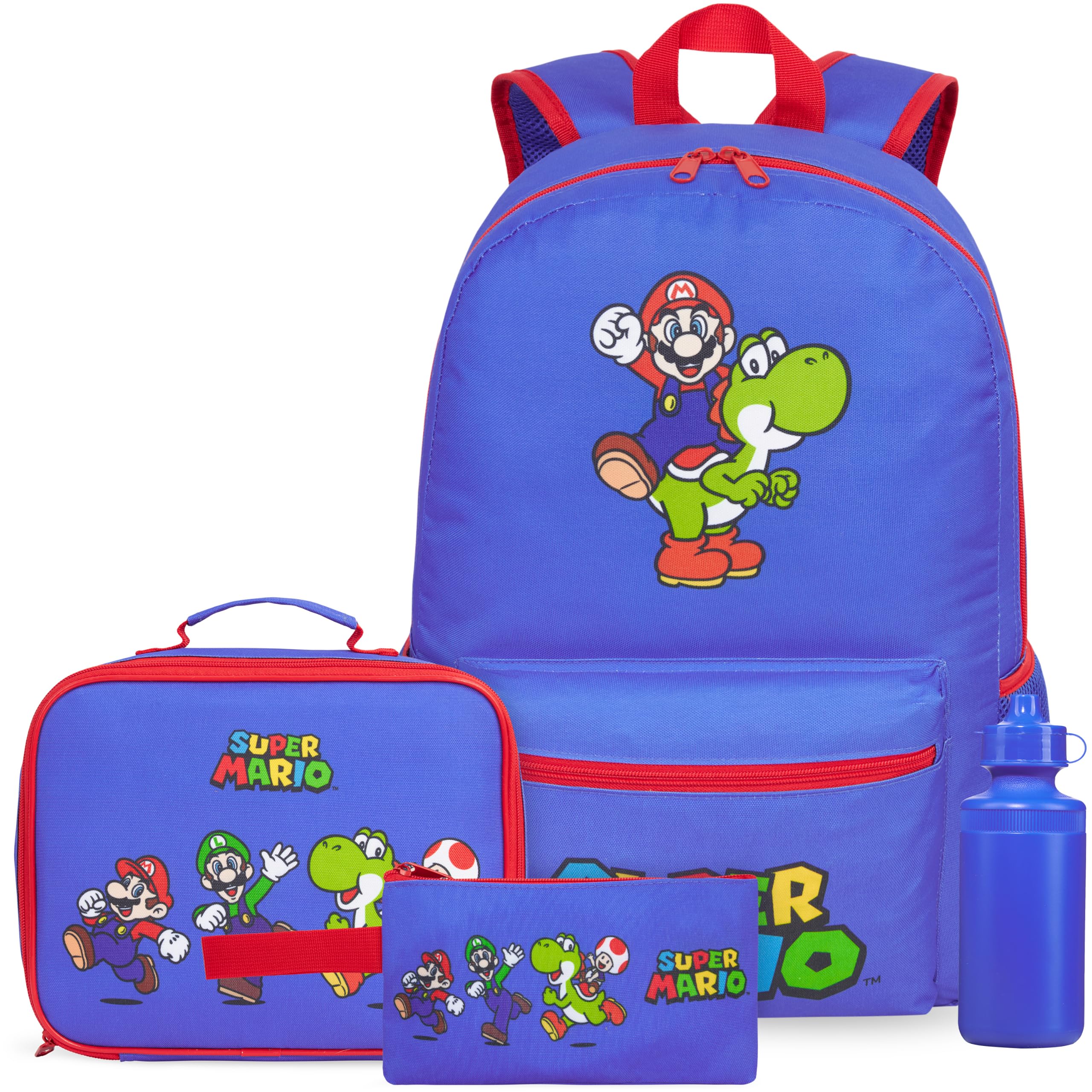 Get Trend Super Mario Boys Backpack 4 Piece Set | 18 In Bookbag with Insulated Lunch Bag, Pencil Case & BPA-Free Water Bottle, Adjustable Padded Straps, Gamer Gifts for Boys