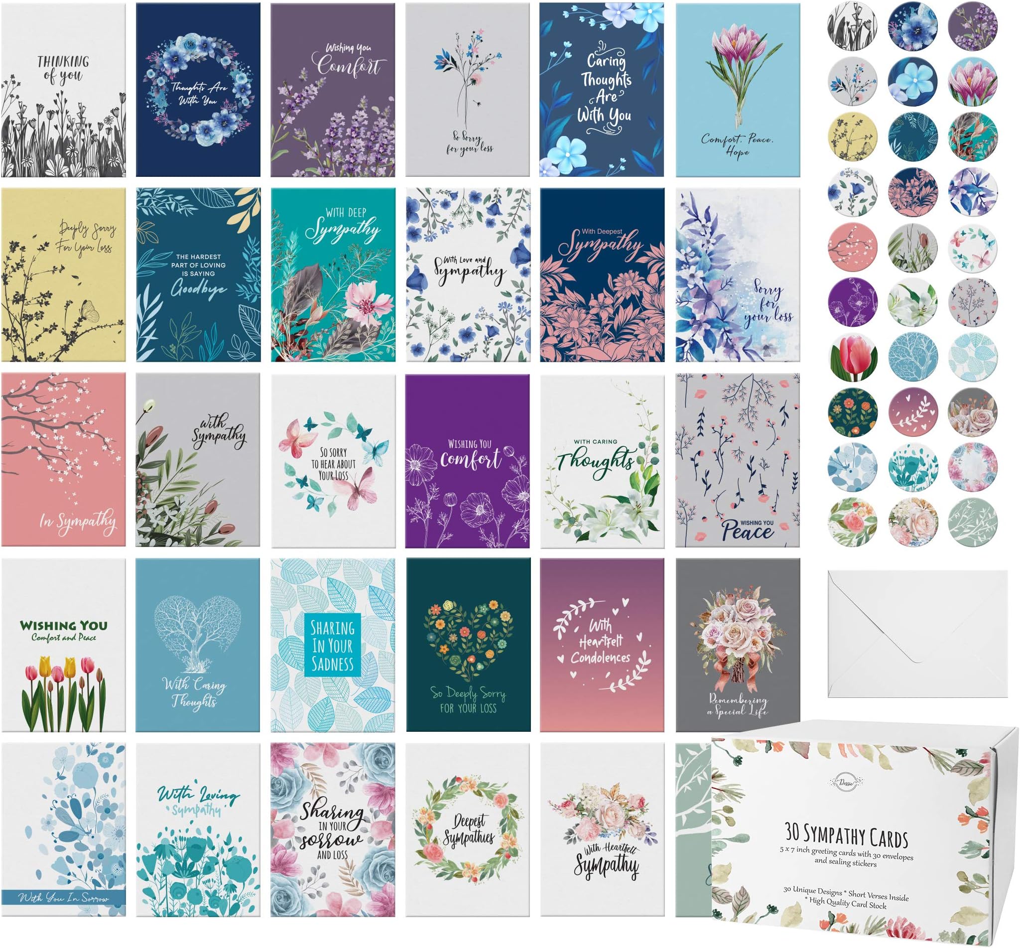 Dessie 30 Unique Sympathy Cards With Greetings Inside. 30 Different, Large Greeting Cards With Envelopes and Matching Sealing Stickers. Includes Sturdy Storage Box.