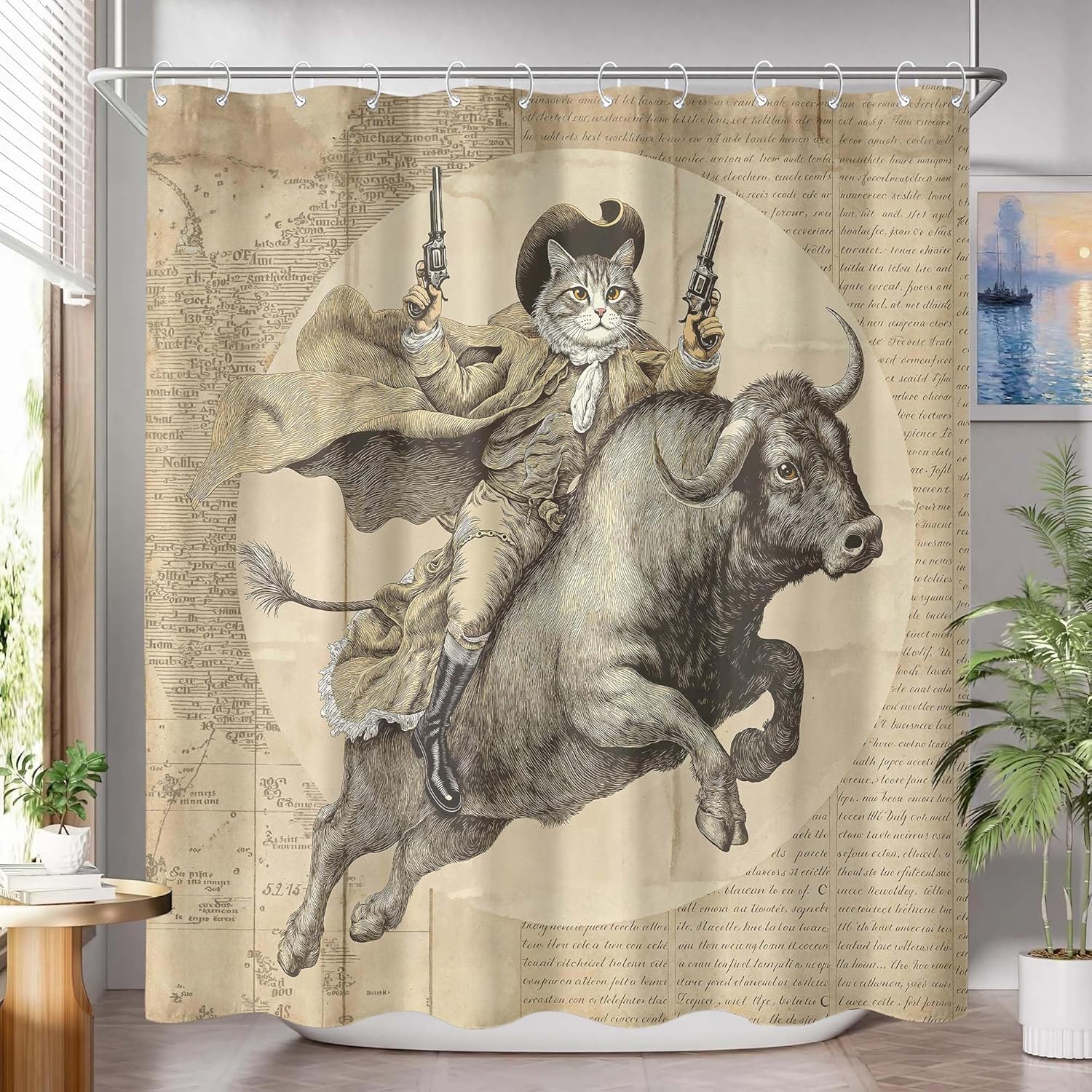 Vintage Cowboy Cat Shower Curtain Set Steampunk Bull Ride Print Waterproof Bathroom Shower Curtain Historical Quirky Home Decor 72x72 Inch.