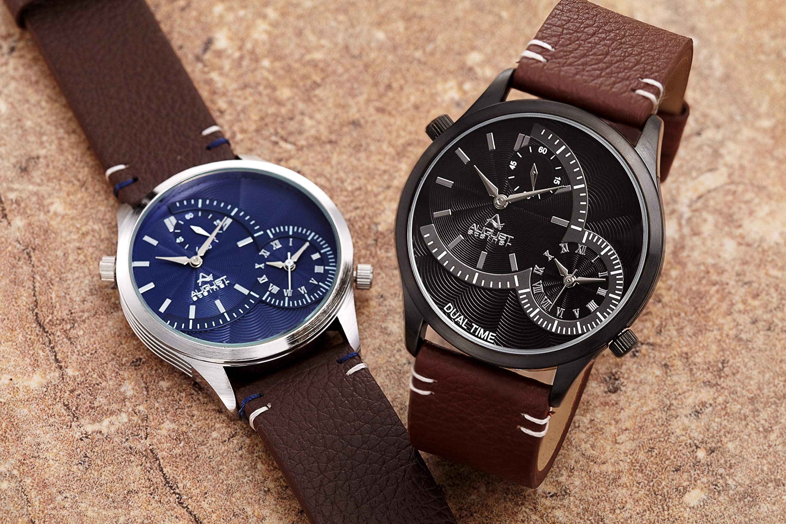 August Steiner Mens Dual Time Zone Watch Engraved Sunburst - Main Image