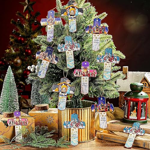 Miniatura 4 de Amyhill 24 piezas de adorno colgante de escena de pesebre de cruz, adornos de Navidad cristianos, adornos de madera a granel, decoración del
