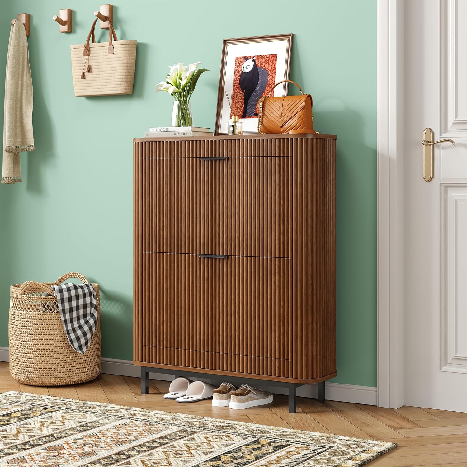 Shoe Cabinet with 2 Flip Drawers, Arc Narrow Wood Shoe Storage Cabinet with Fluted Panel and Metal Legs, Freestanding Wood Hidden Shoe Rack Cabinet for Foyer, Hallway, Walnut Walnut Oak