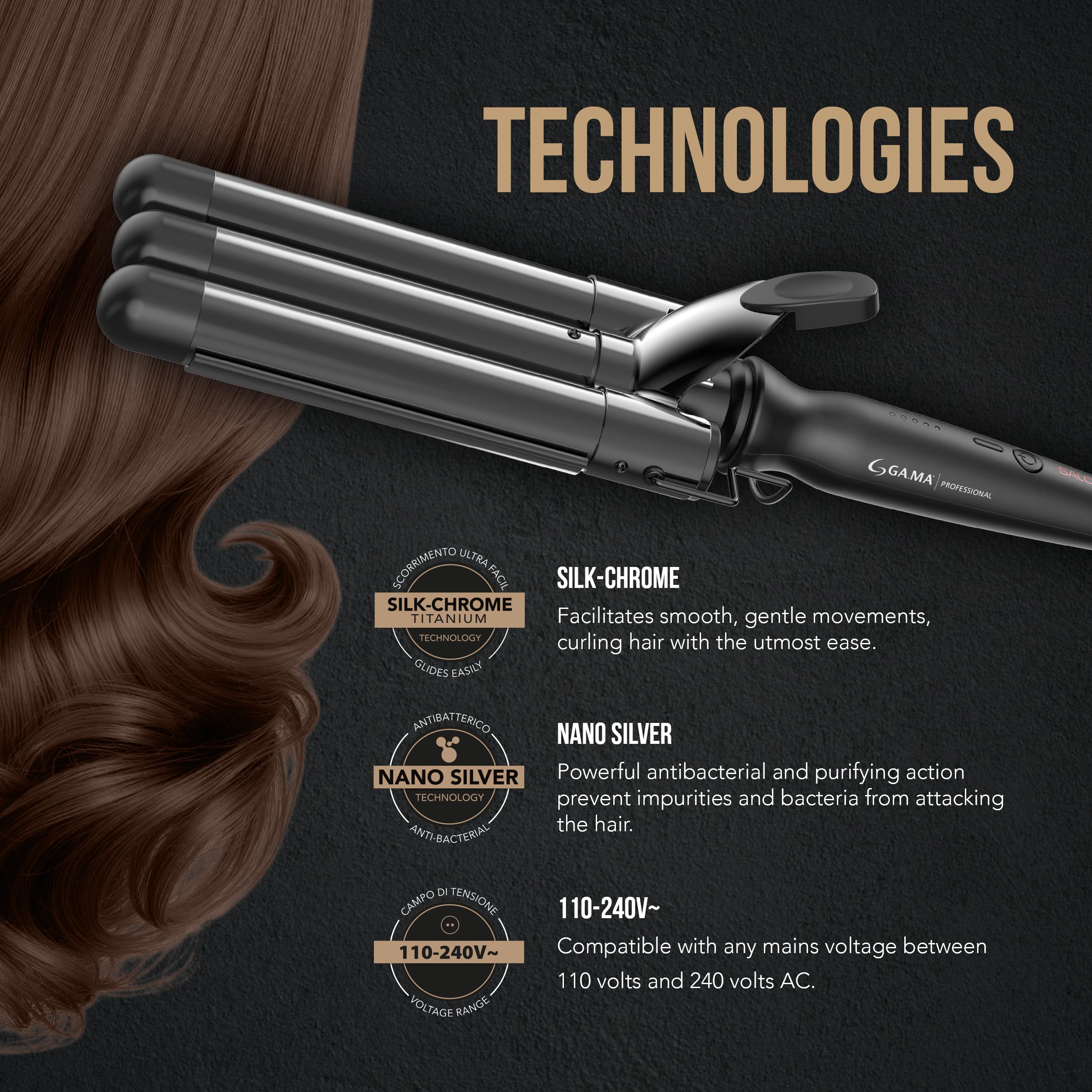 GA.MA Salon Curl Triferro Hair Waver, Silk Chrome Titanium 1" Triple Barrel Deep Waver with Anti-Frizz Coating, Adjustable 285–430° F Styling Tool