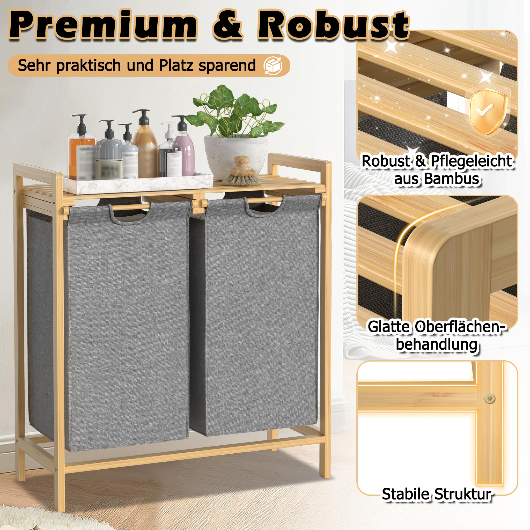 YRHome Kosz na pranie z ramą bambusową, 2 przegródki, 36 l, 73 x 64 x 33,5 cm, kosz na pranie z półką, kosz na pranie z tkaniny Oxford, do pralni, sypialni, szary