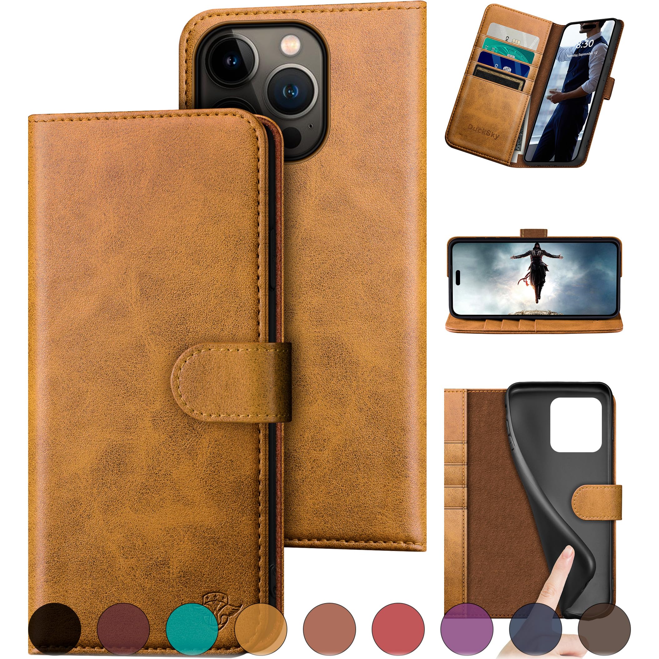 Compatible with iPhone 16 Pro Max 6.9" Genuine Leather Wallet case【RFID Blocking】【4 Credit Card Holder】【Real Leather】 Flip Phone case Cover Women Men for Apple 16 ProMax case Khaki