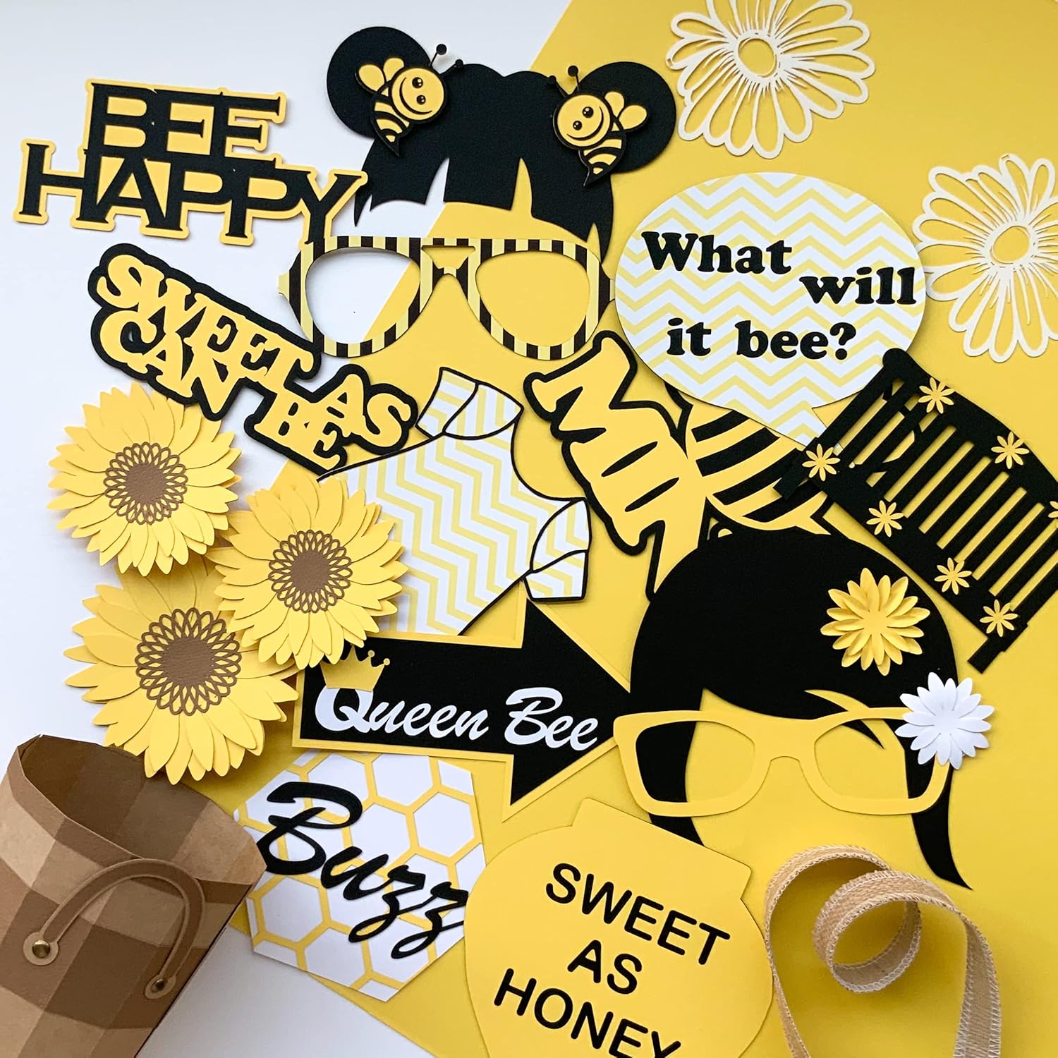 Baby Shower Themed Party Paper Photo Booth Props, 14 Pieces, Yellow, White and Black