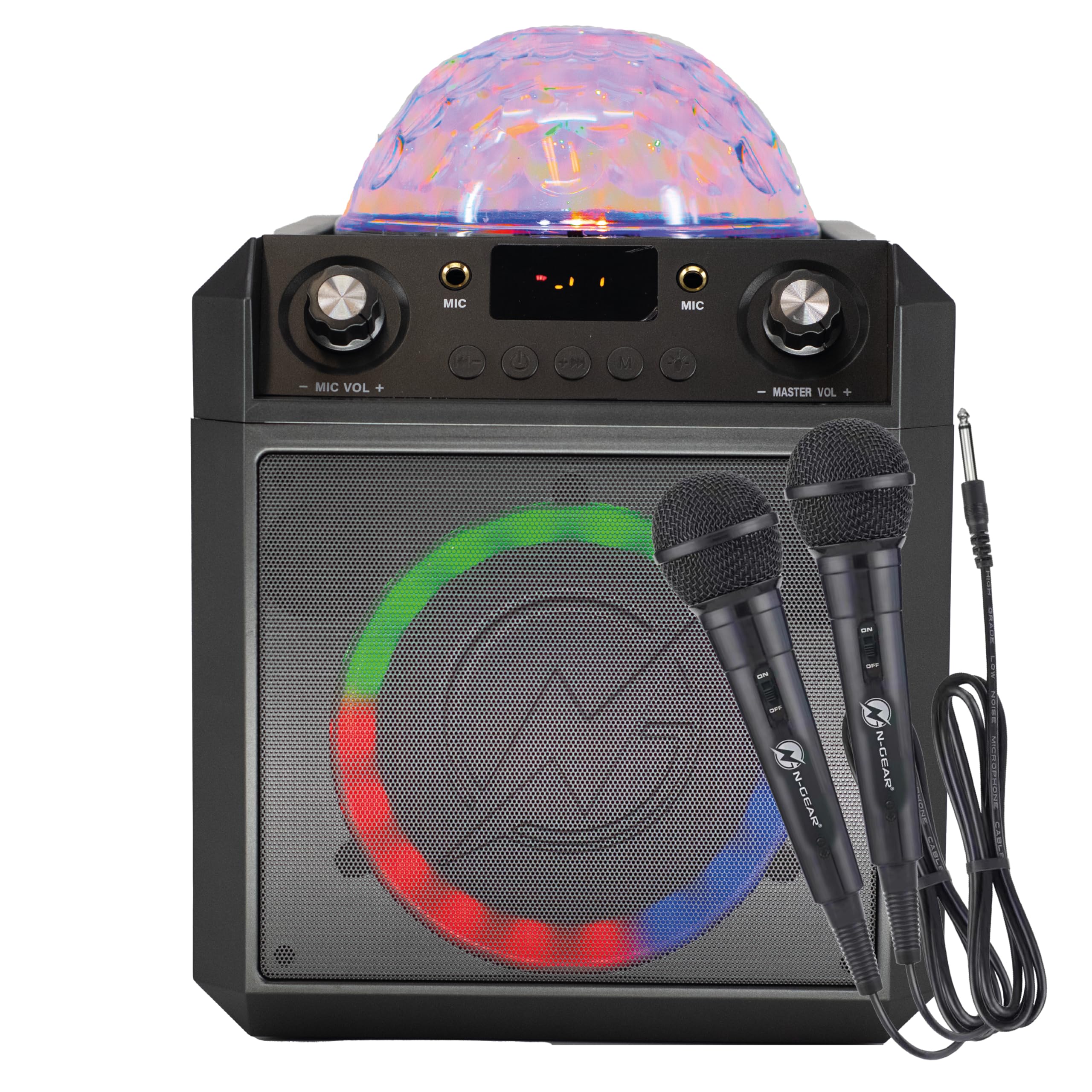 N-Gear The Block Party 602 XL Altavoz Bluetooth Potente 300W con Bola de Discoteca RGB y 2 Micrófonos de Cable Sistema de Sonido Portátil TWS Batería 6 Horas para Karaoke Fiestas - Gris