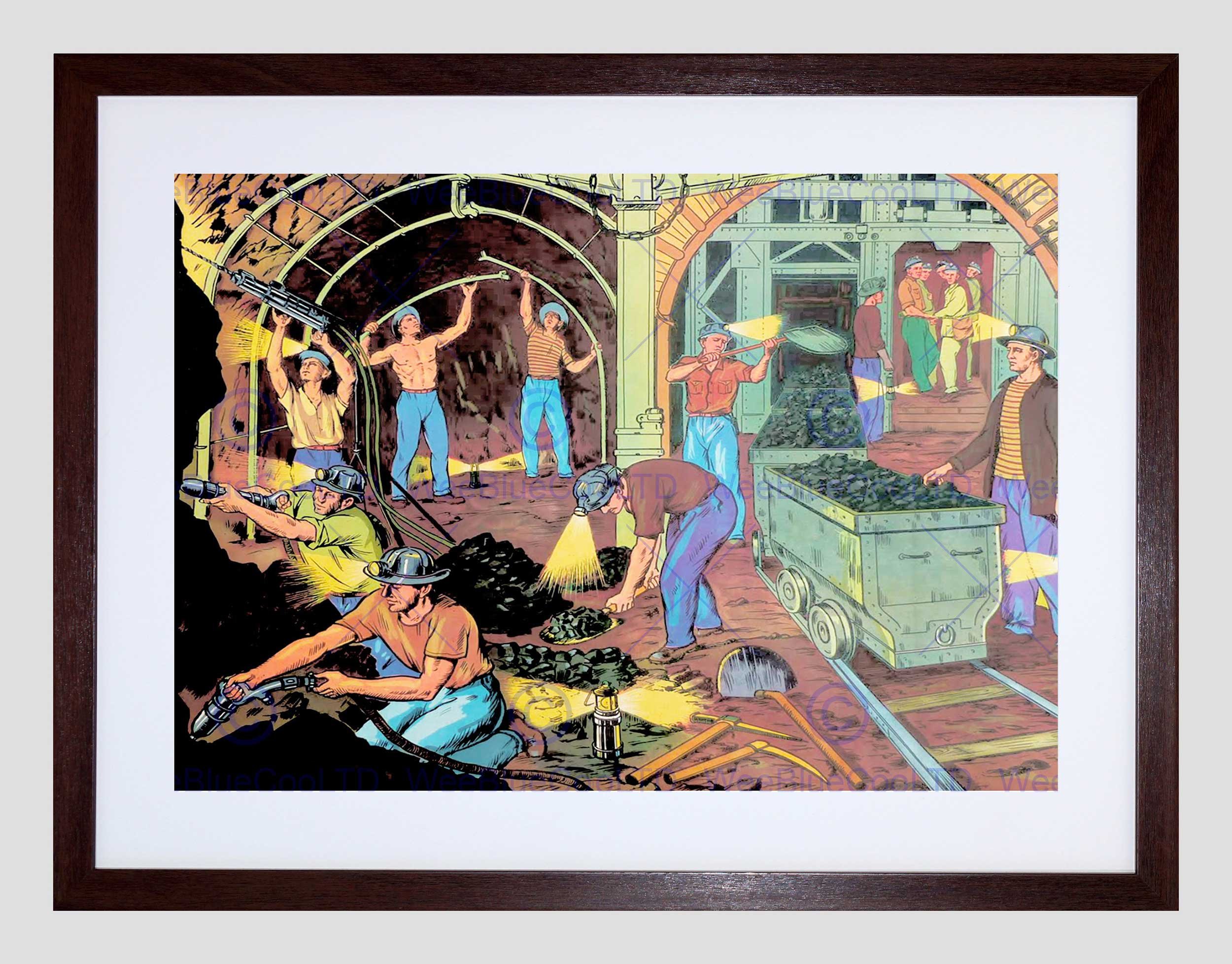Wee Blue Coo Group Cartoon Coal Mine Shaft Drill Dig Pick Shovel Framed Wall Art Print