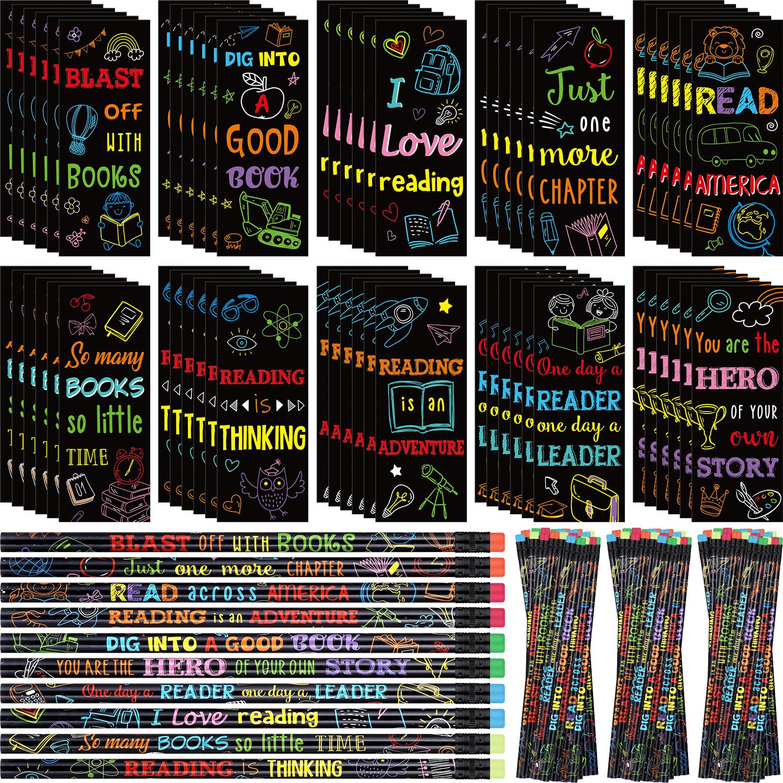 Dunzoom 60 Set Reading Motivational Bookmarks and Reading Pencils 60 Rocks Bookmarks for Kids 60 Inspirational Pencils for Reading Prizes Book Party Decorations School Home Decoration Party Favors