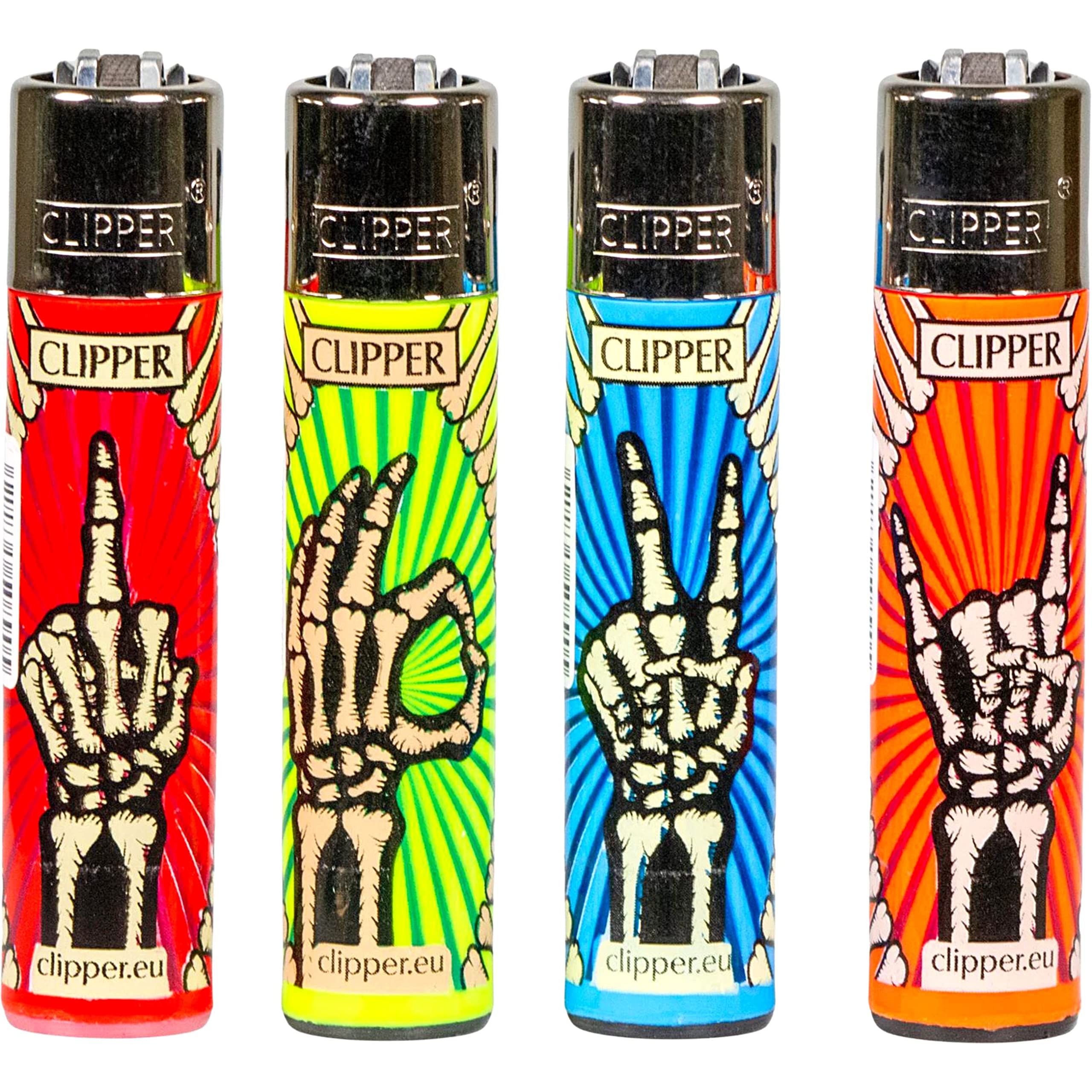 Zactly - Set of 4 Clipper Lighters, Various Designs, Regular Refillable Standard Size Lighter Replaceable Flint (Skeleton Fingers)