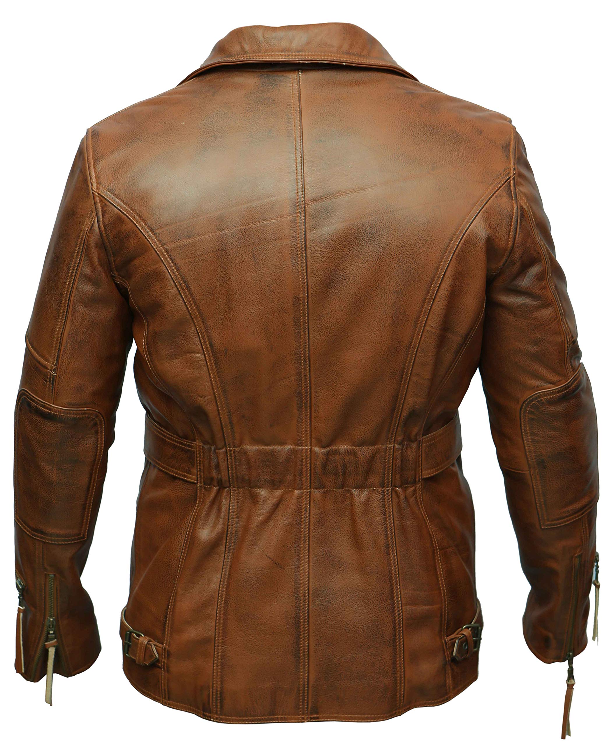 Chaqueta larga de cuero marrón con cremallera cruzada para hombre, estilo 3/4, estilo motero
