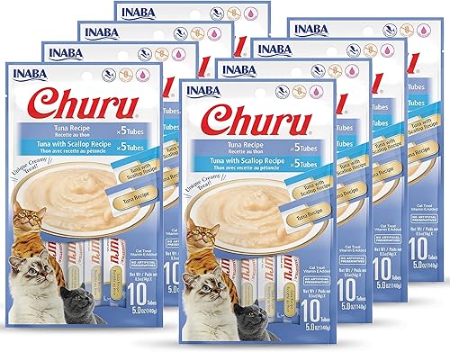 INABA Churu - Golosinas para gatos, puré cremoso exprimible sin granos, para lamer, exprimible con vitamina E, taurina y té verde, 80 tubos, caja