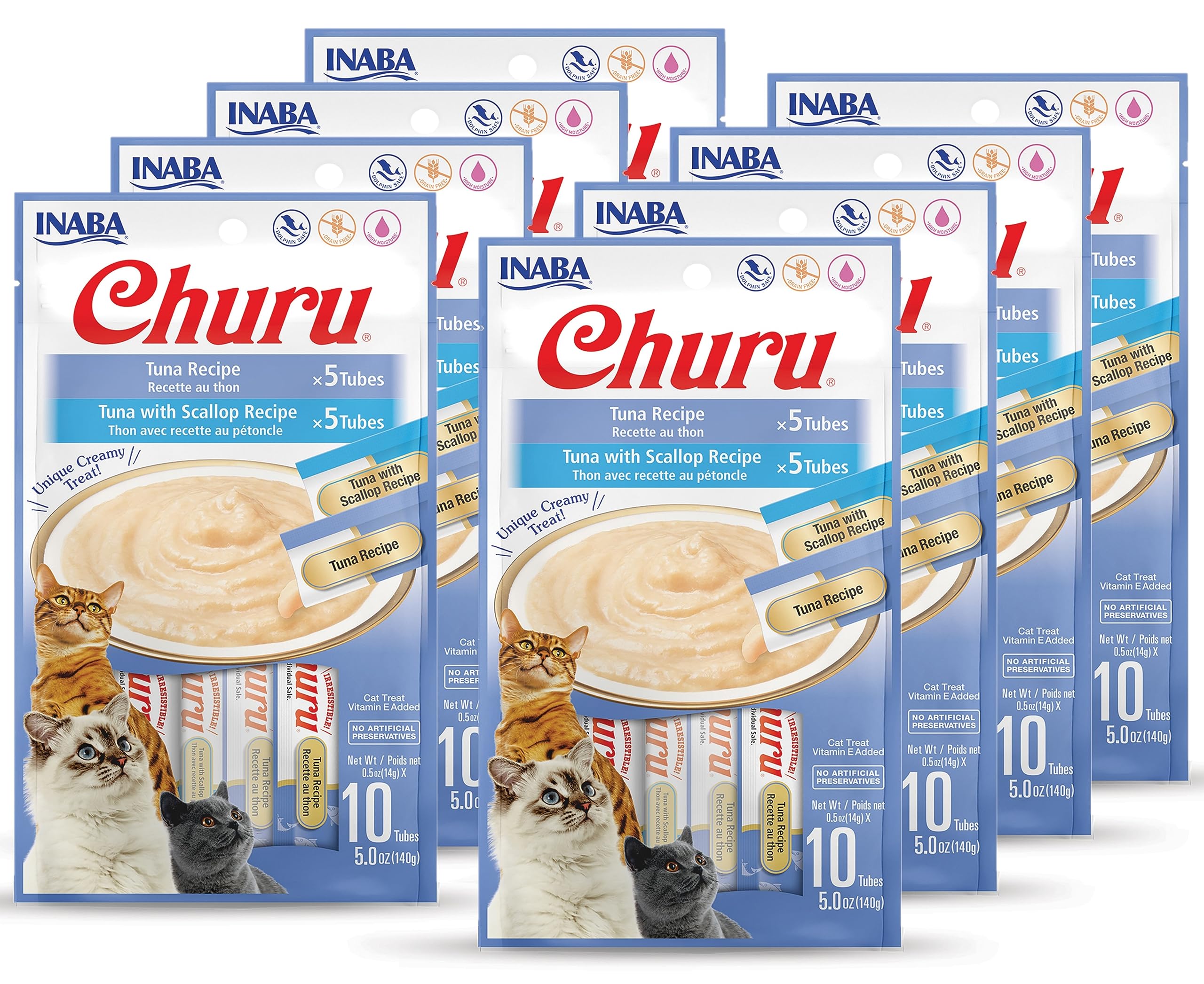 Churu Cat Treats, Grain-Free, Lickable, Squeezable Creamy Purée Cat Treat/Topper with Vitamin E, Taurine, & Green Tea, 80 Tubes, Tuna and Scallop Variety Box