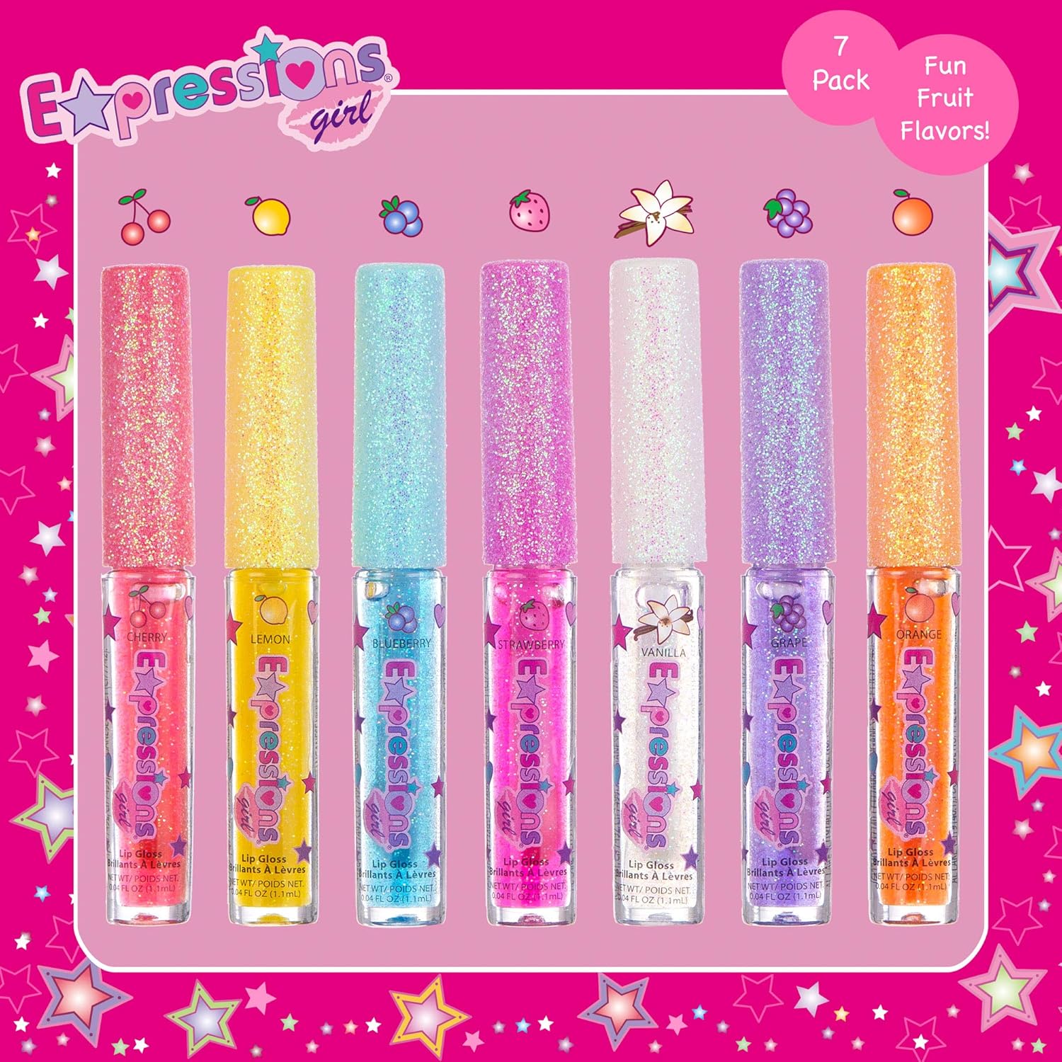 Expressions Girl Kids Teen Girls Ladies & Womens 7 Piece Lip Gloss Wand Set, Glittery Fruity Flavors, Ages 5+ : Beauty & Personal Care