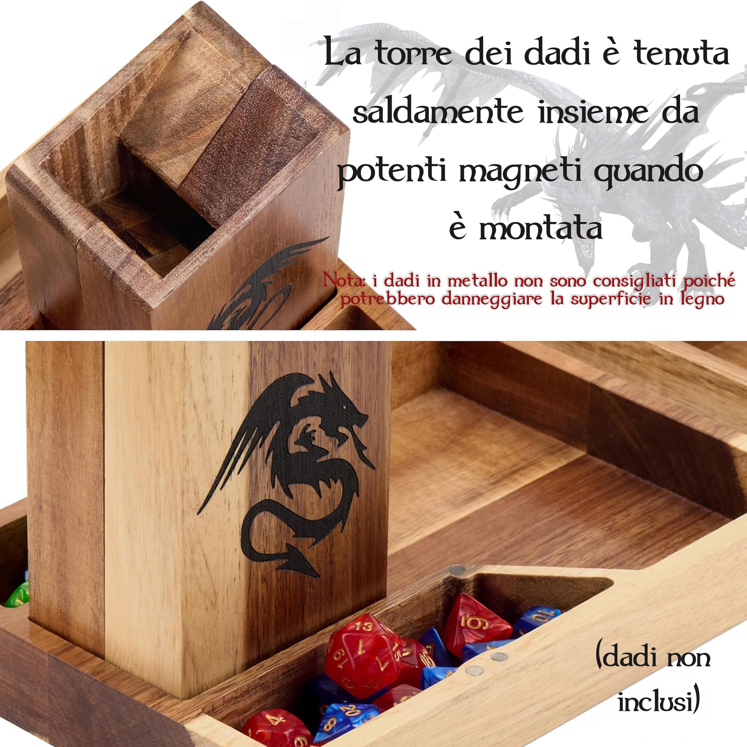 Tapeera DND Gifts - Torre magnetica per dadi in legno con vassoio, accessorio Dungeons and Dragons, portatile, per giochi di ruolo da tavolo