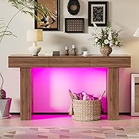 Vista 9 de PAKASEPT - Mesa de consola de 63 pulgadas con luces LED coloridas y 3 cajones, mesa de sofá rectangular de madera detrás del sofá, mesa de entrada