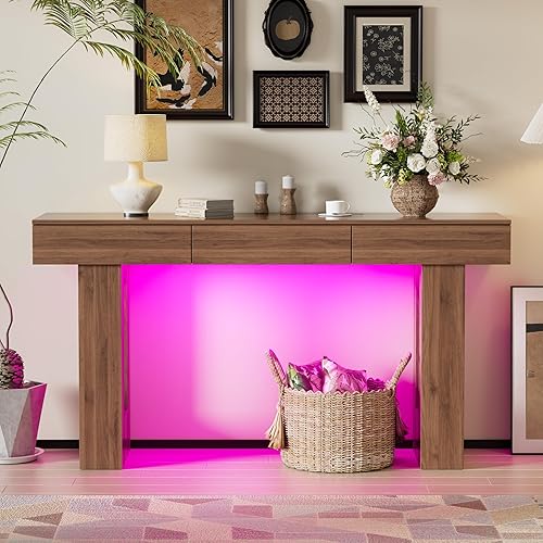 Miniatura 9 de PAKASEPT Mesa consola de 63 pulgadas de largo con luces LED coloridas y 3 cajones, mesa rectangular de madera para sofá detrás del sofá, mesa de