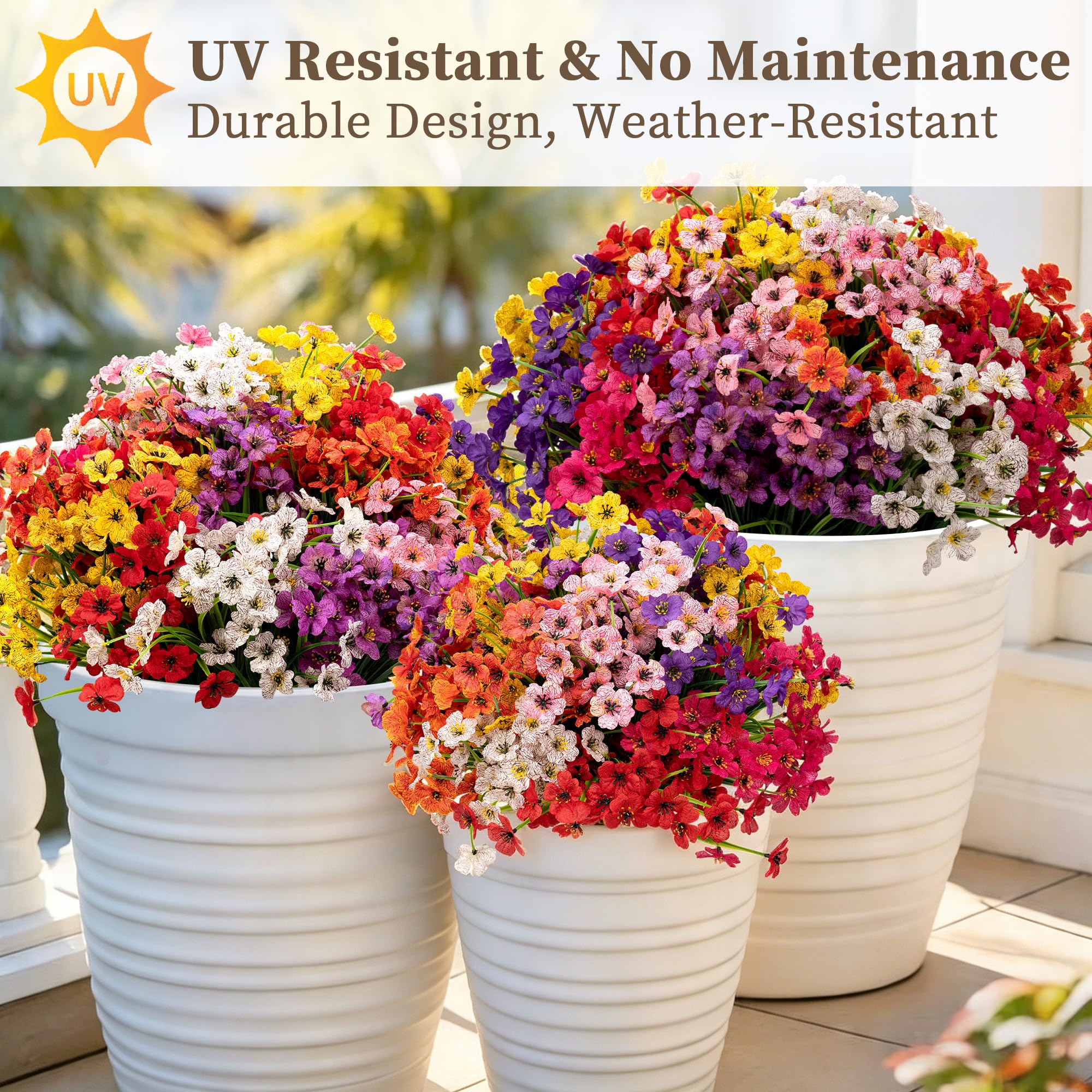 Künstliche Blumen für drinnen und draußen, für drinnen und draußen, Garten, Veranda, Fensterkasten, Zuhause, Hochzeit, Bauernhaus, 24 Bündel (8 Farben)