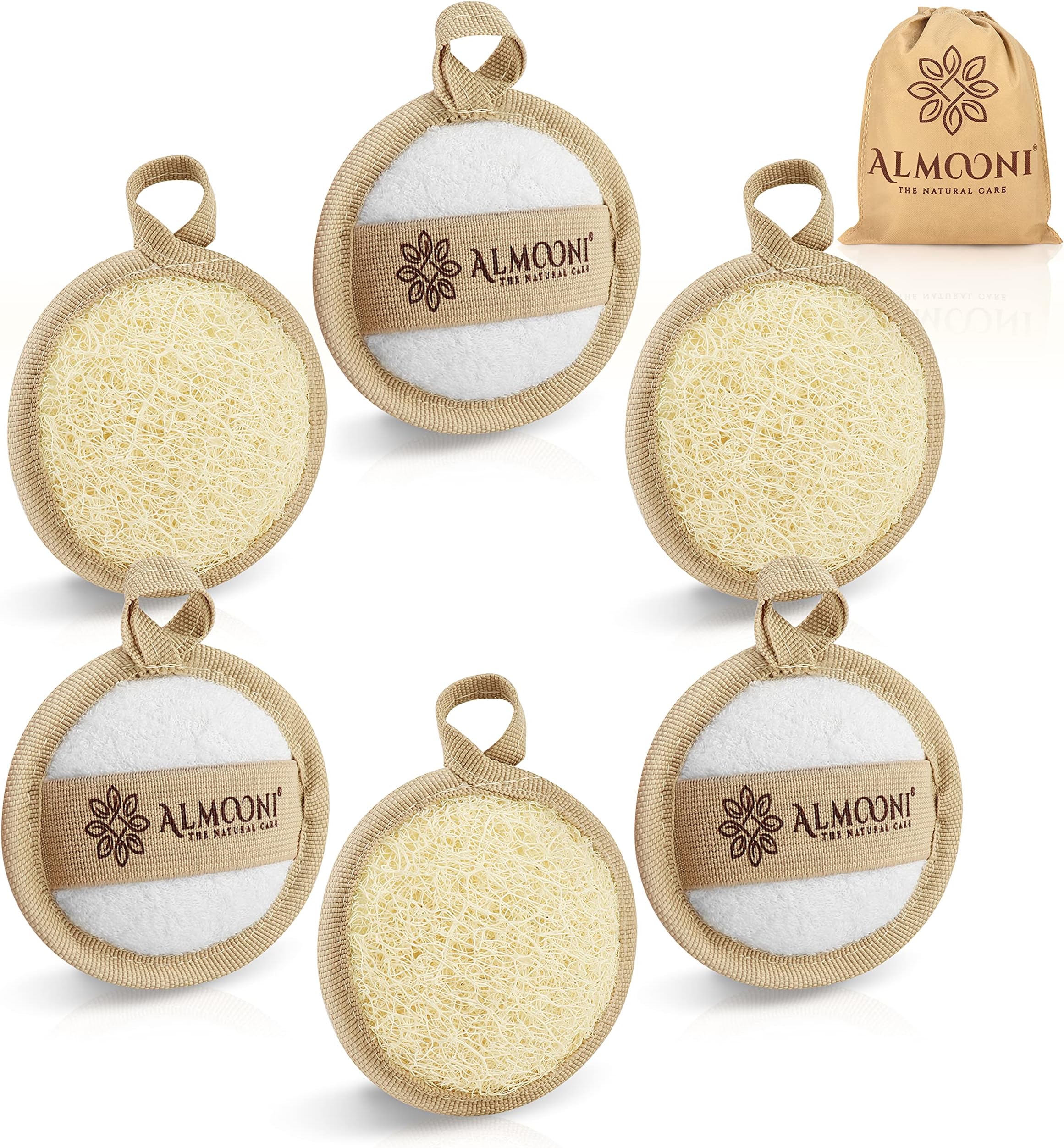 Almooni Natural Loofah Exfoliating Facial Scrubber, Made with Natural Egyptian Shower Loofah Sponge, Bath Shower Loofah Sponge for Women and Men, for Face that Gets You Clean - 6 Count (1 Pack)