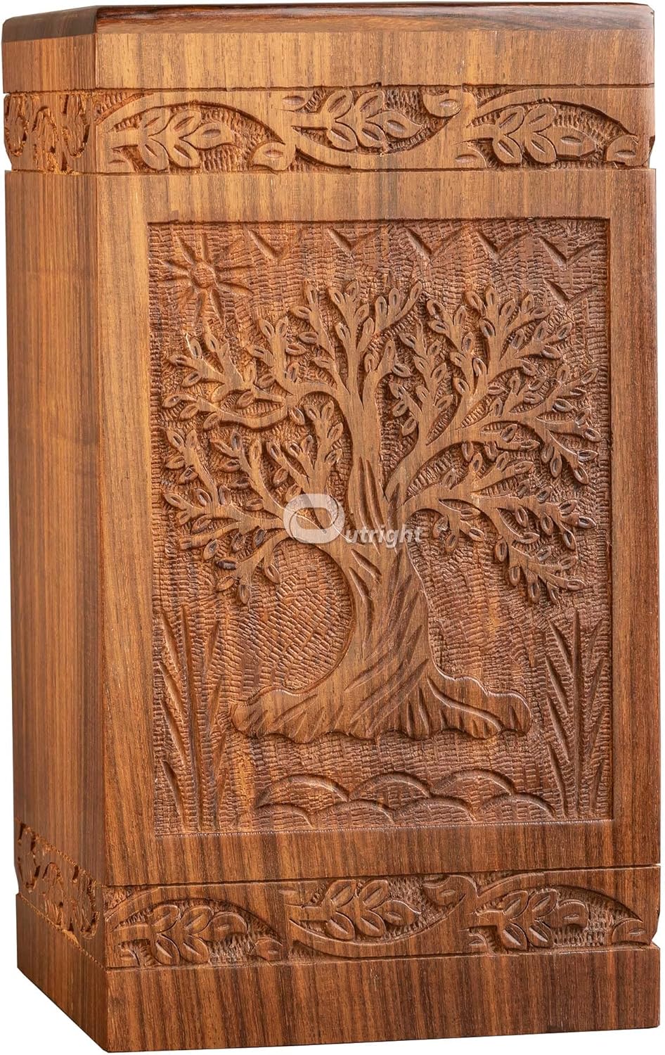 Outright Cremation Urns for Adult Human Ashes - Adult Large Wooden Urn Handcrafted for Funeral and Burial - Tree of Life Memorial Burial for Male and Female (Natural, L, 6.25 x 6.25 x 11.25 inches)