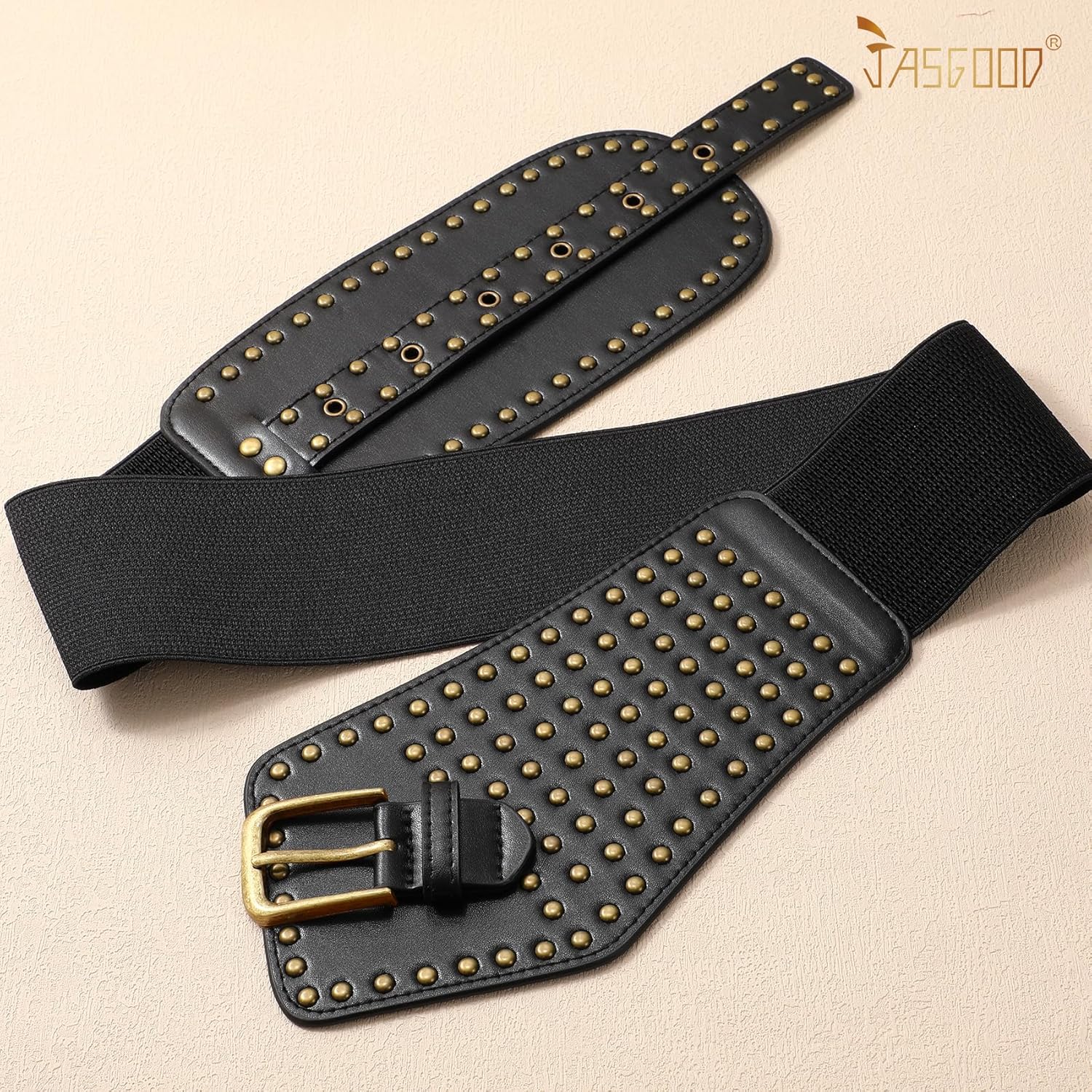 JASGOOD Women Elastic Wide Belt Vintage Studded Stretchy Waist Belts for Dress Pants - Image 5