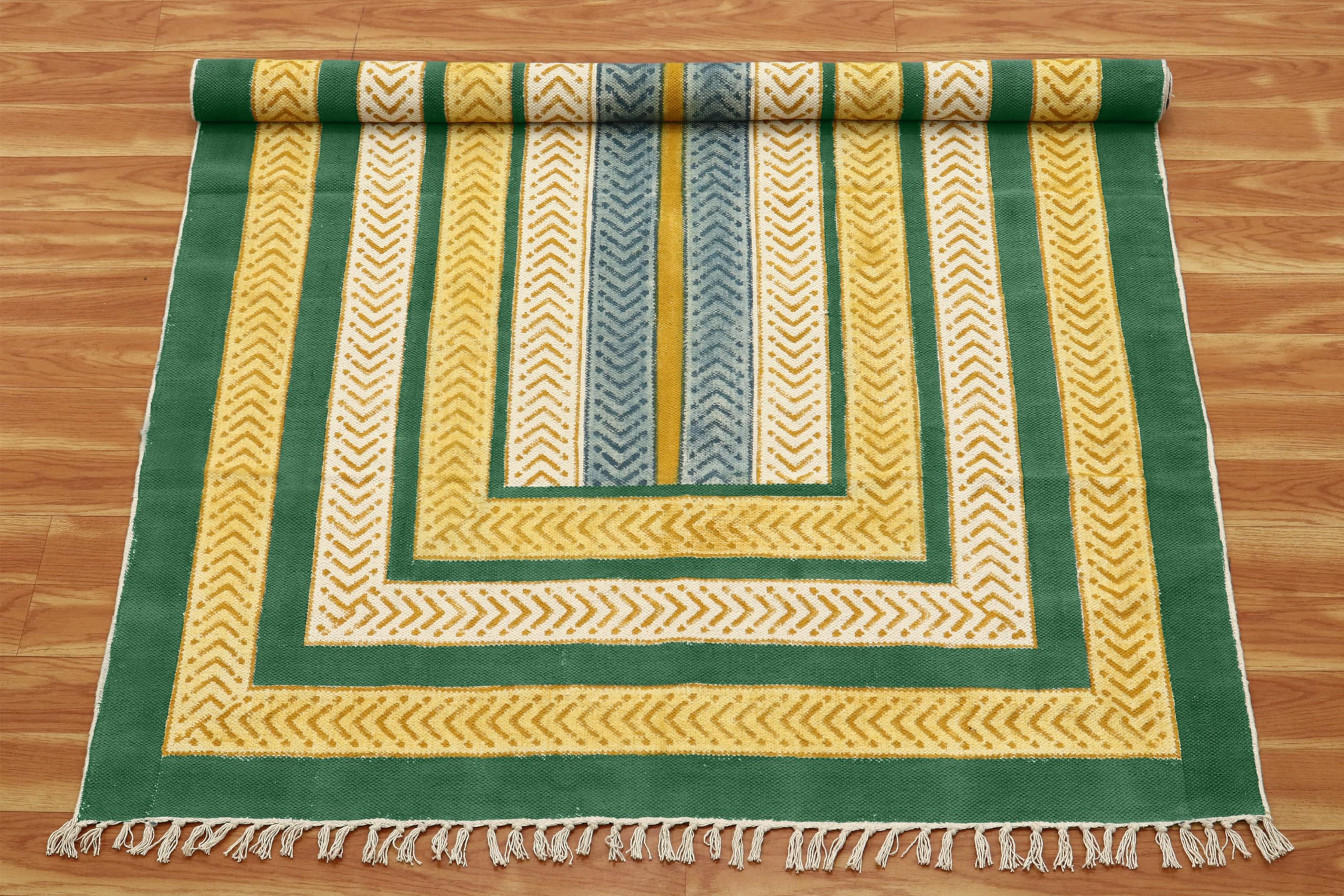 Kelim-Teppich, Baumwolle, Dhurrie-Teppich, für drinnen und draußen, Flachgewebe, stark frequentiert, für Schlafzimmer, Esszimmer, Wohnzimmer, 25,4 x 35,6 cm, Gelb und Grün
