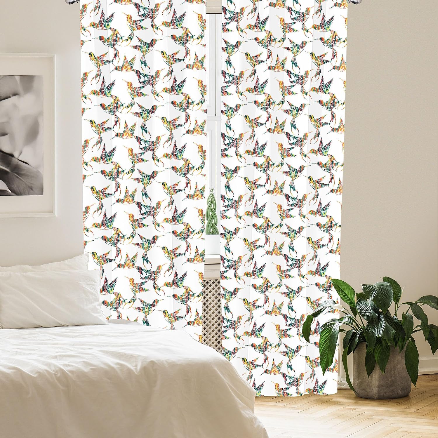 Lunarable Hummingbirds Curtains, Grungy Looking Colorful Bird Hawaiian Exotic Fauna Aloha Fun Pattern, Window Treatments 2 Panel Set for Living Room Bedroom, Pair of - 28" x 63", Yellow Green